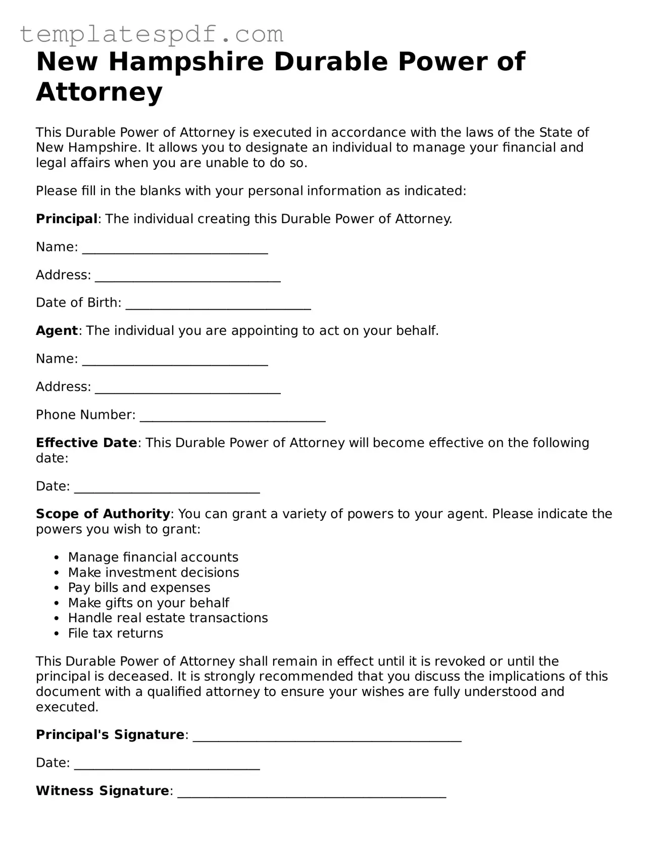 Official  Durable Power of Attorney Form for New Hampshire
