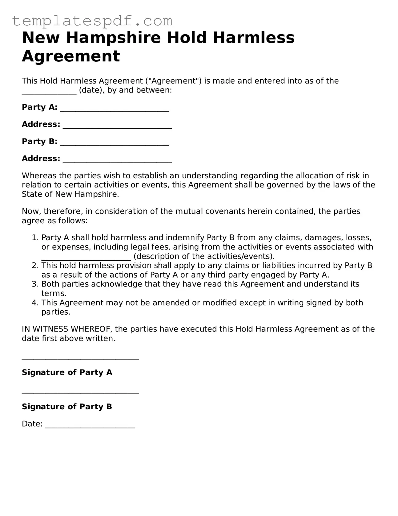 Official  Hold Harmless Agreement Form for New Hampshire