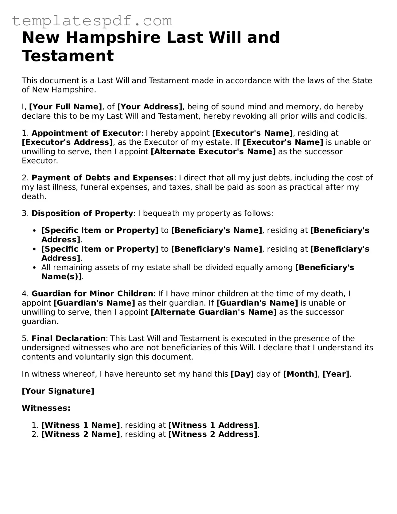 Official  Last Will and Testament Form for New Hampshire