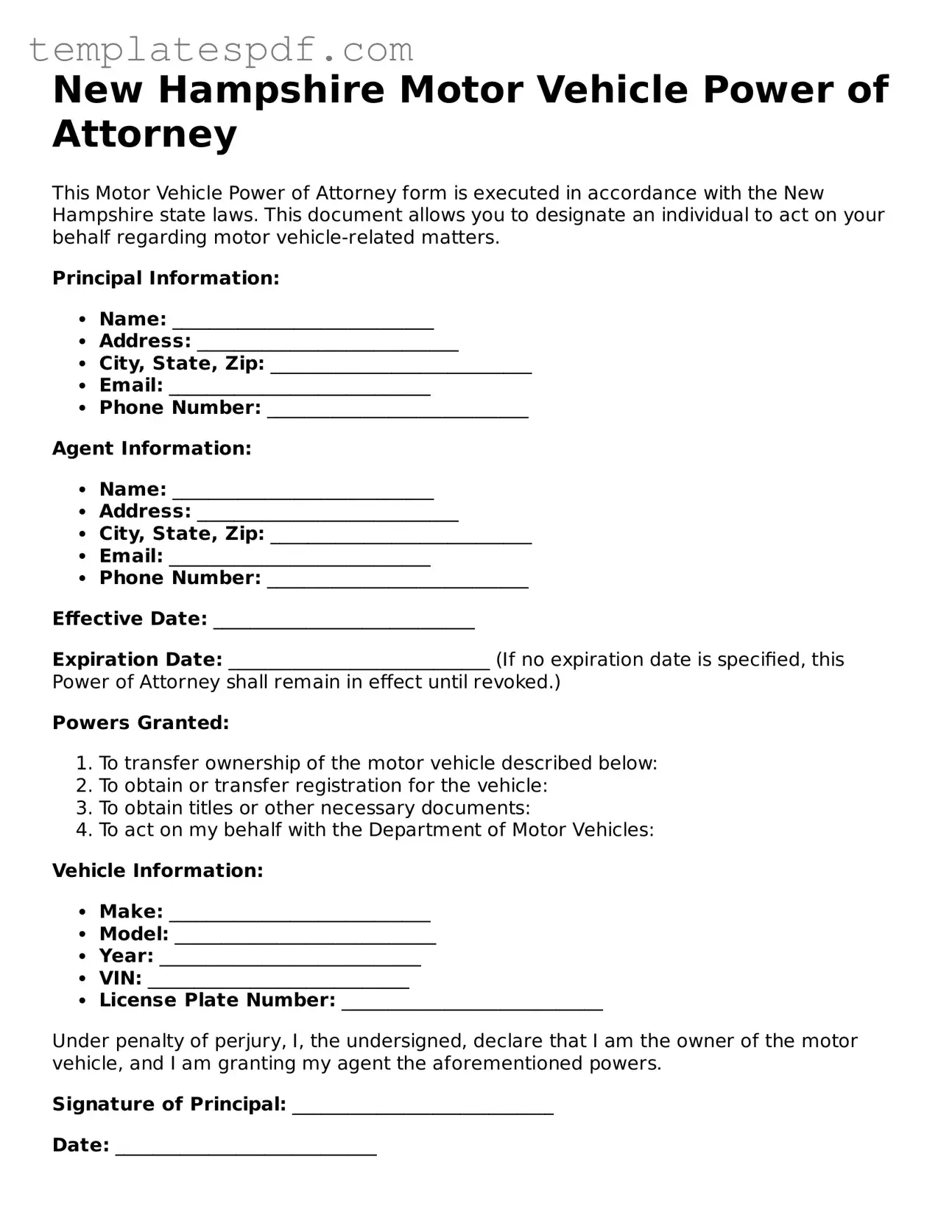 Official  Motor Vehicle Power of Attorney Form for New Hampshire