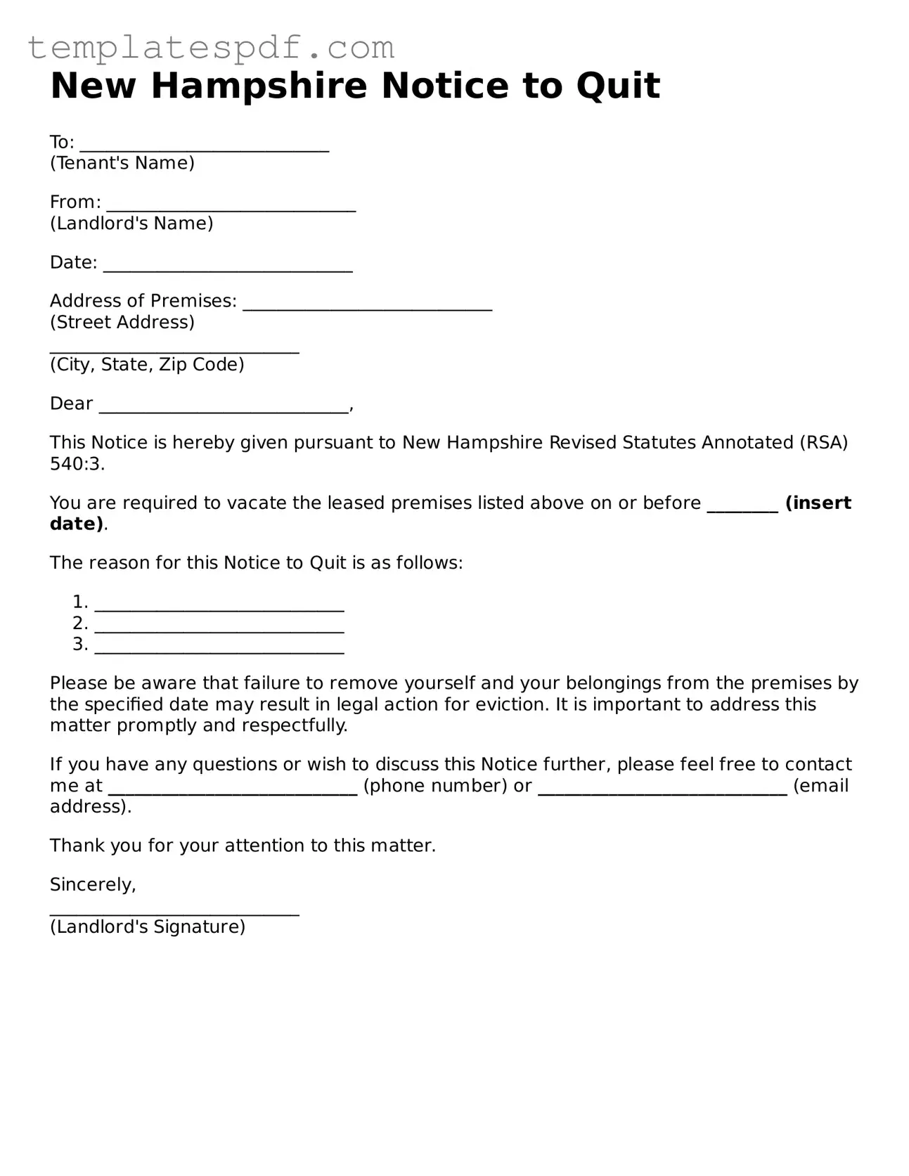 Official  Notice to Quit Form for New Hampshire