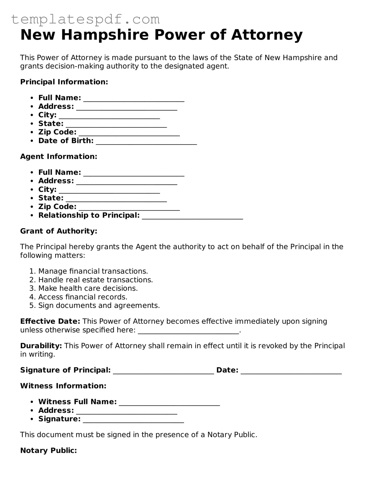 Official  Power of Attorney Form for New Hampshire