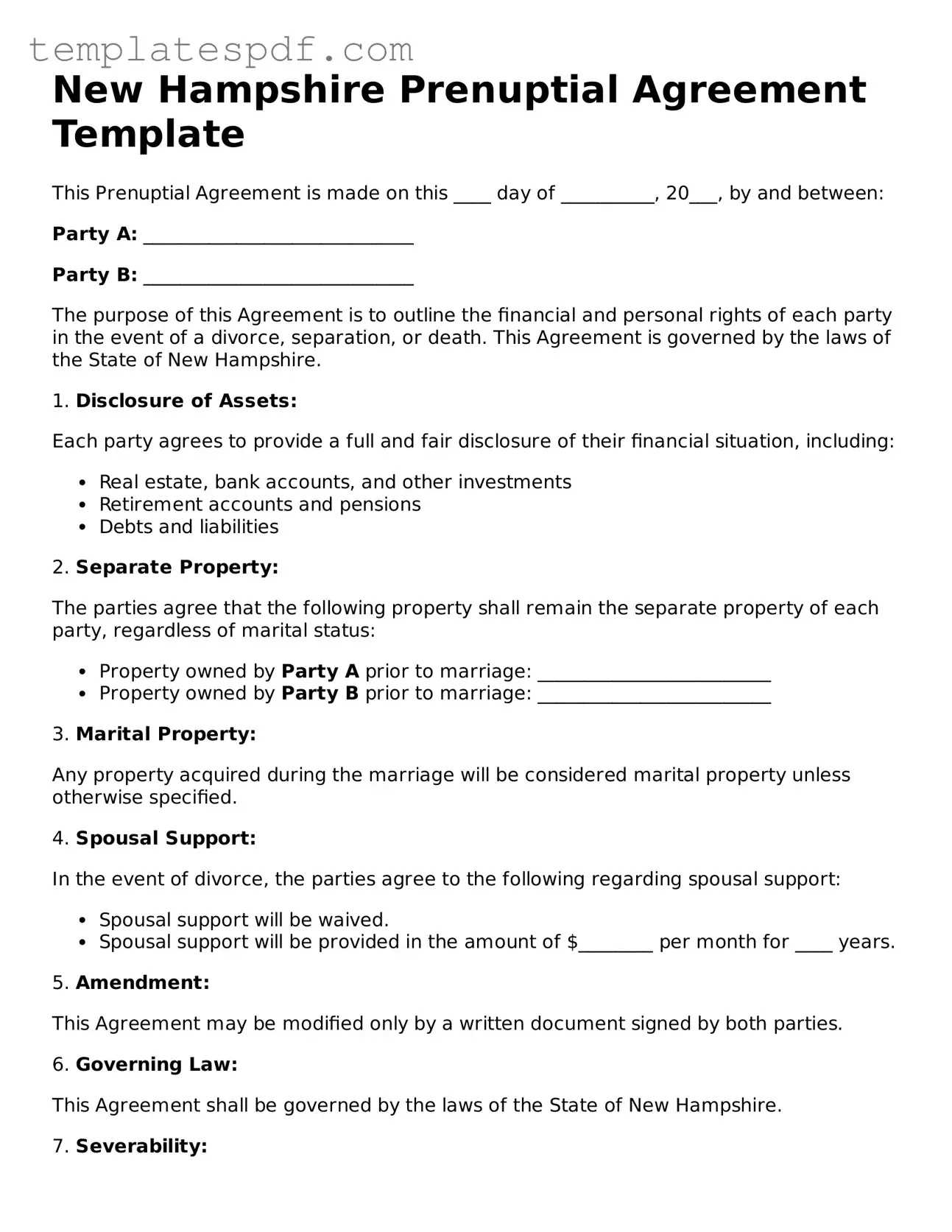 Official  Prenuptial Agreement Form for New Hampshire