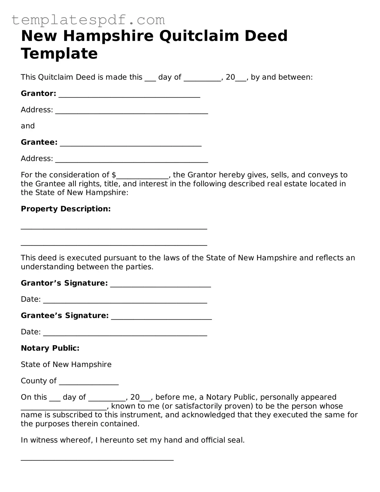 Official  Quitclaim Deed Form for New Hampshire