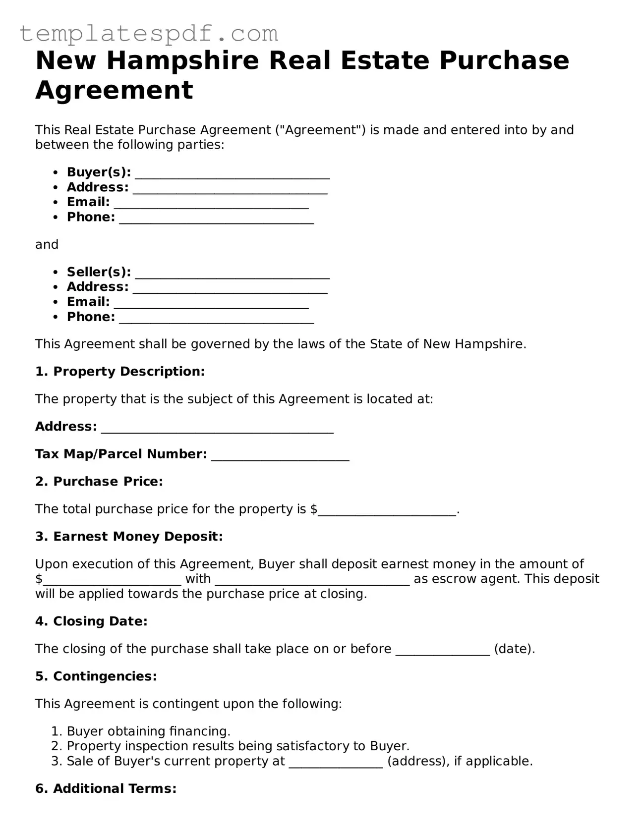Official  Real Estate Purchase Agreement Form for New Hampshire