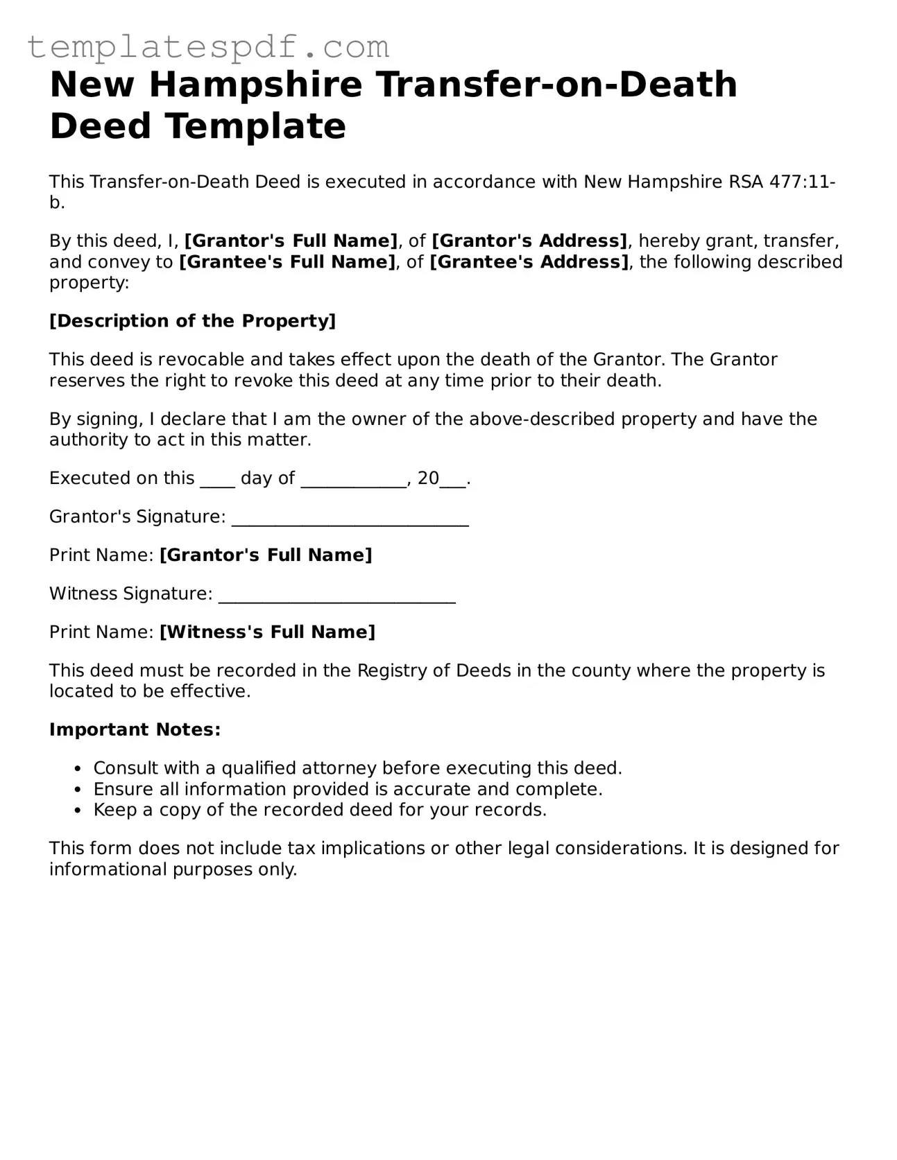 Official  Transfer-on-Death Deed Form for New Hampshire