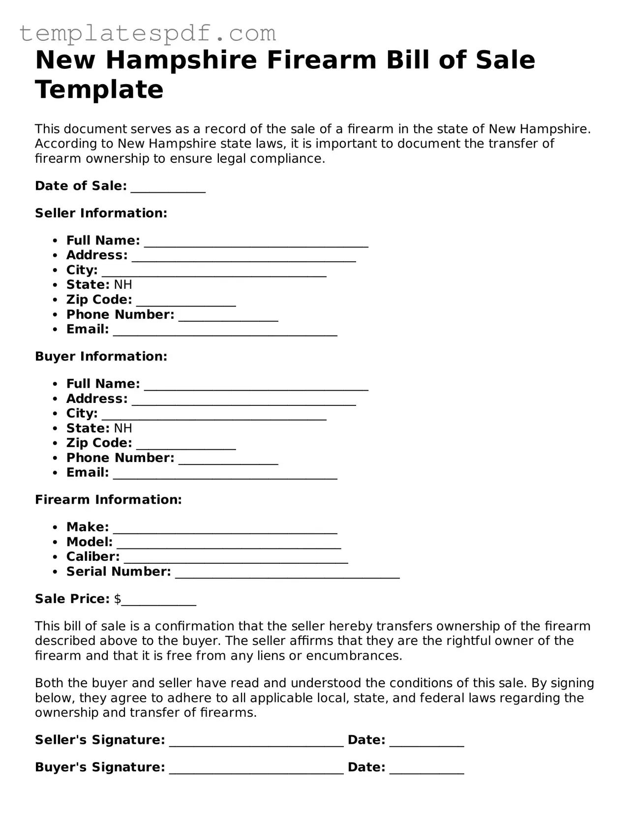 Official  Firearm Bill of Sale Form for New Hampshire