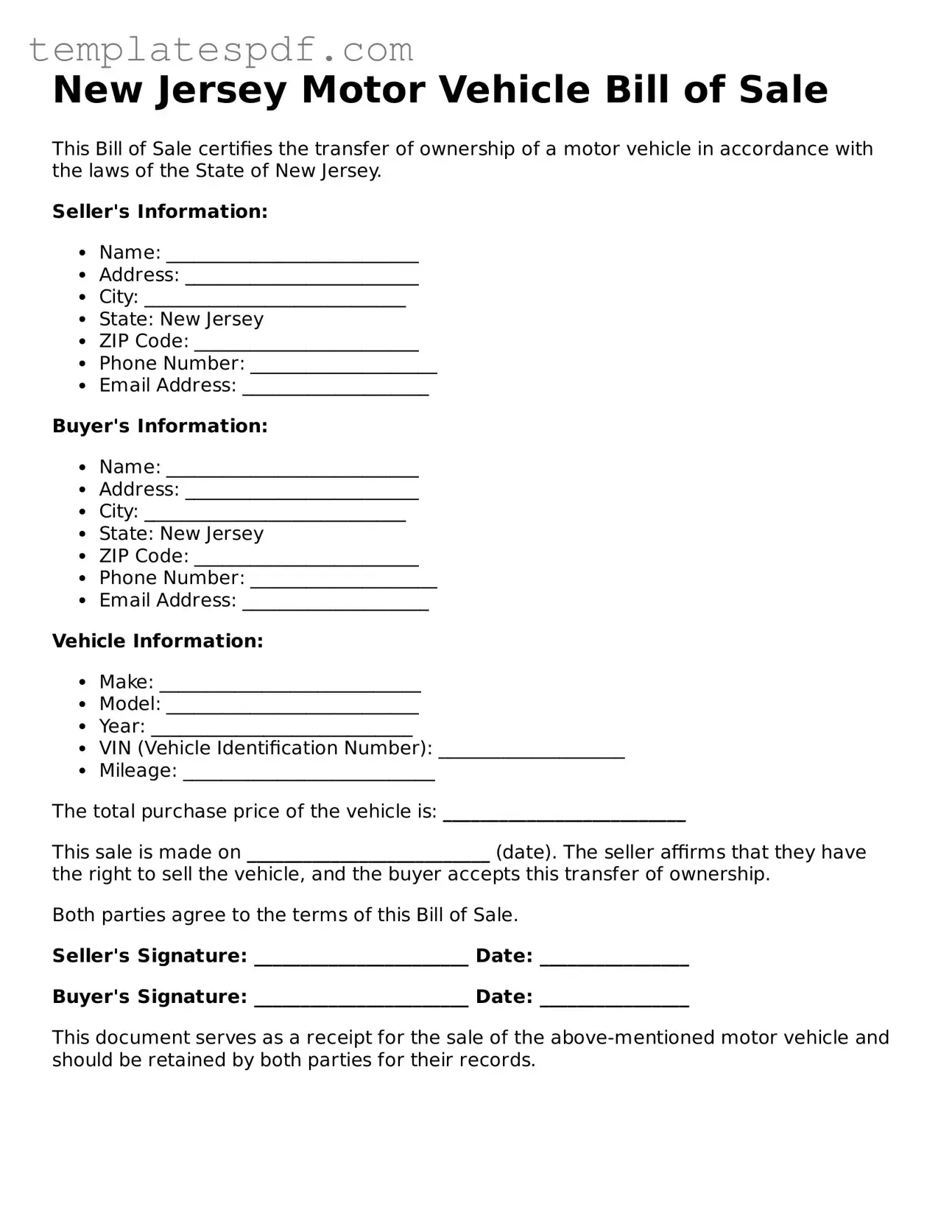 Official  Motor Vehicle Bill of Sale Form for New Jersey