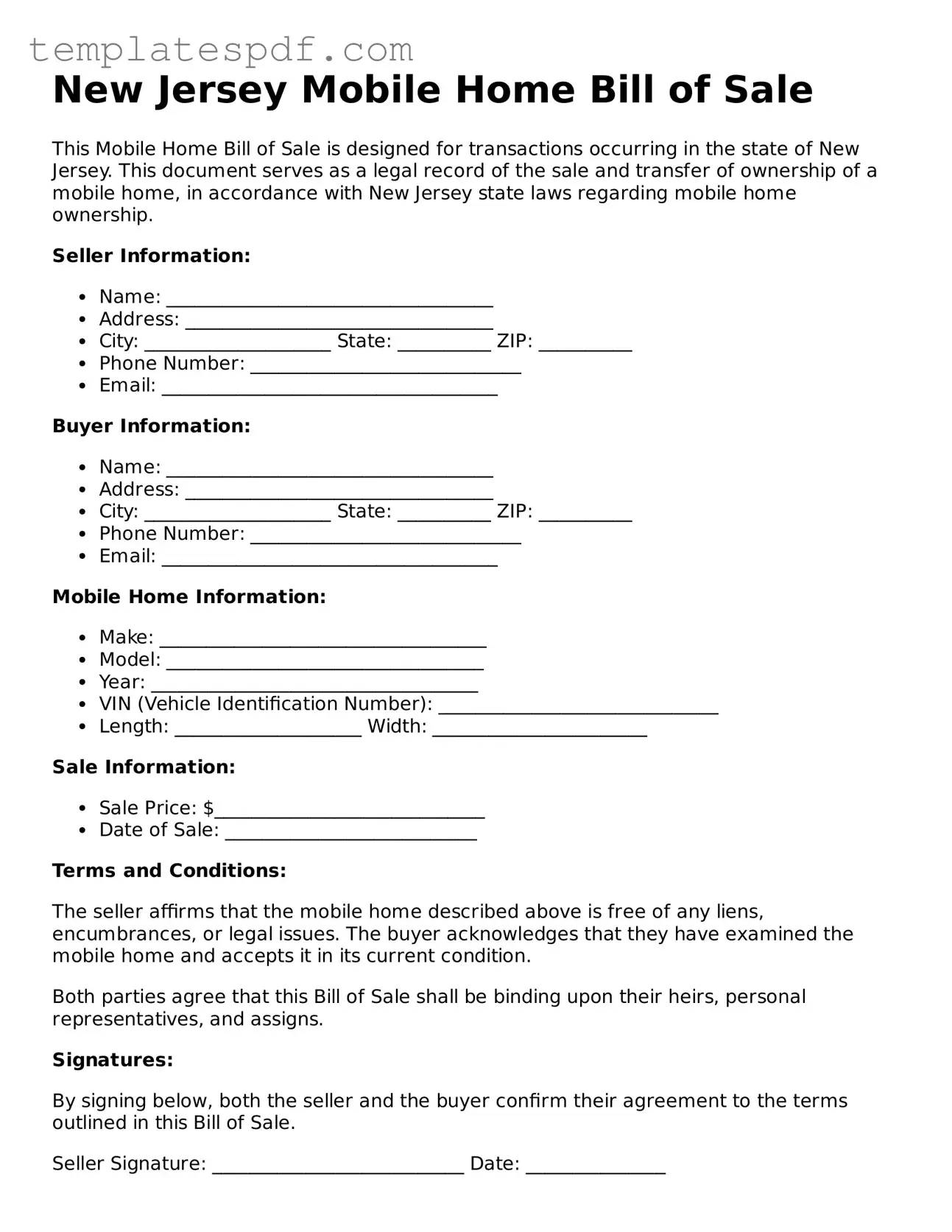Official  Mobile Home Bill of Sale Form for New Jersey