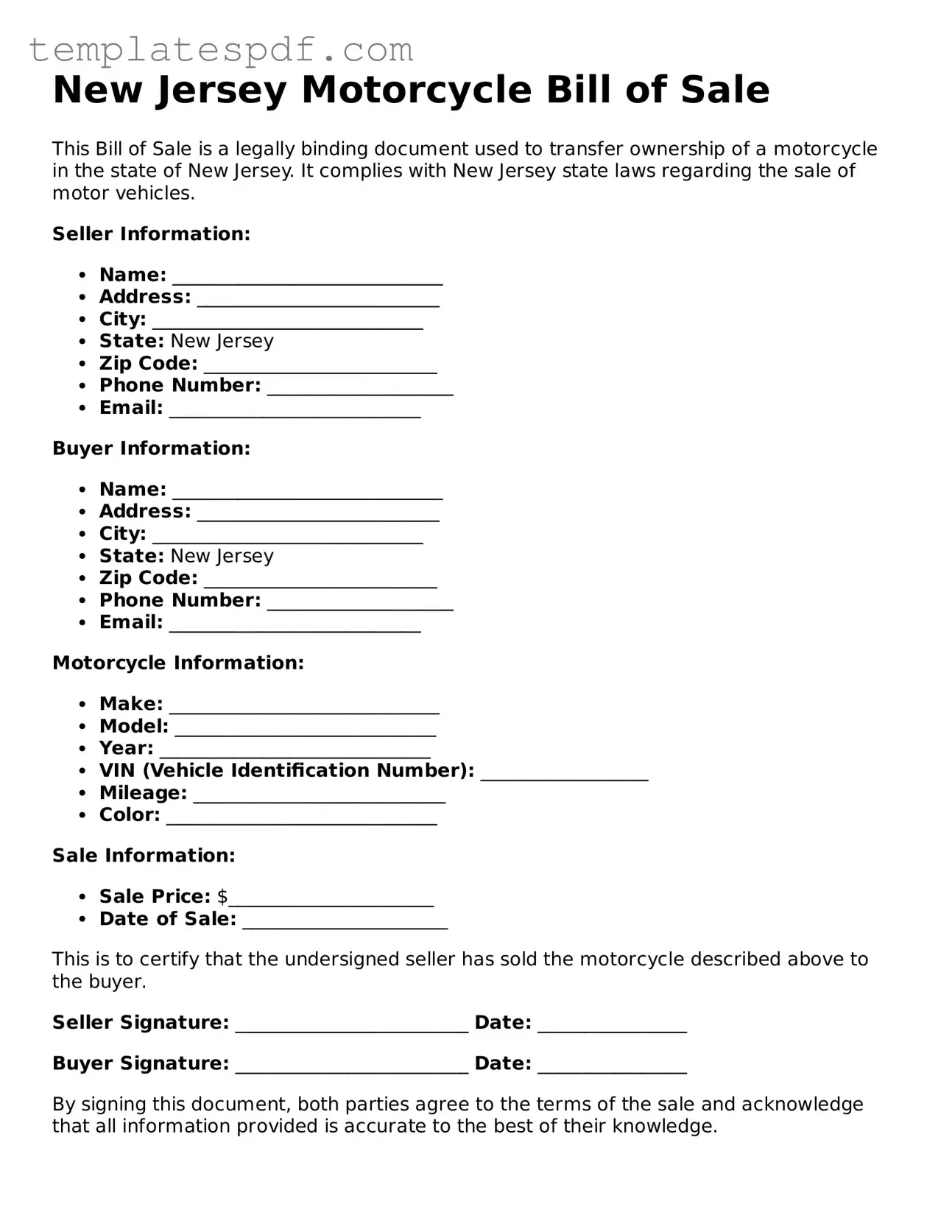 Official  Motorcycle Bill of Sale Form for New Jersey