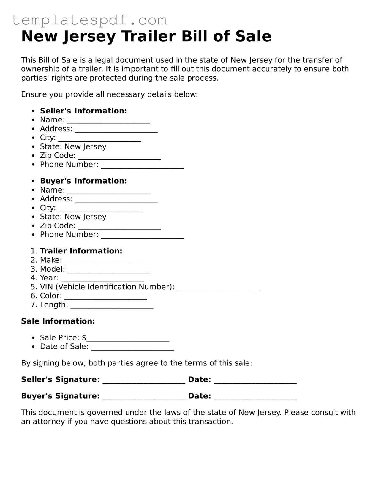 Official  Trailer Bill of Sale Form for New Jersey