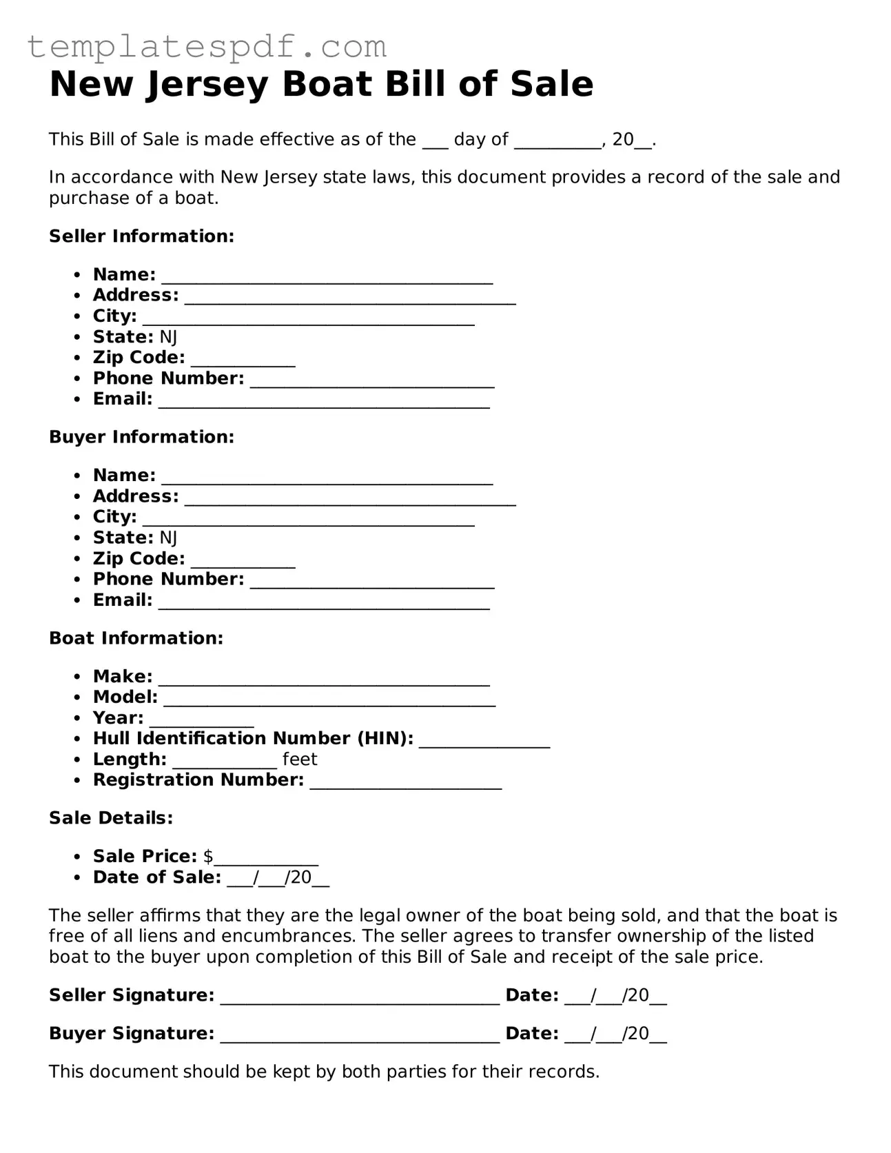 Official  Boat Bill of Sale Form for New Jersey