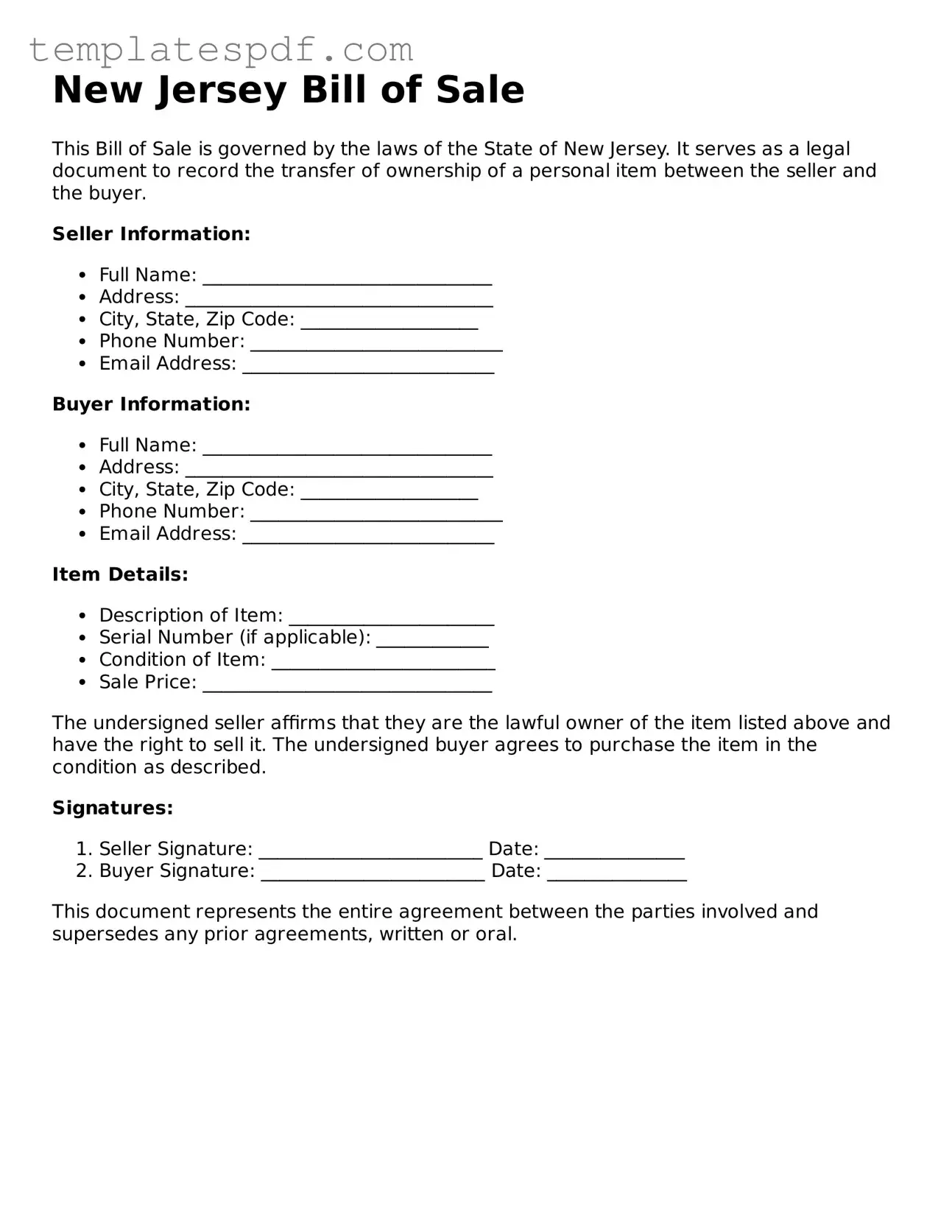 Official  Bill of Sale Form for New Jersey