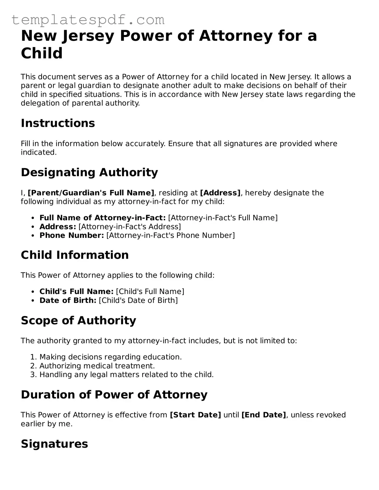 Official  Power of Attorney for a Child Form for New Jersey