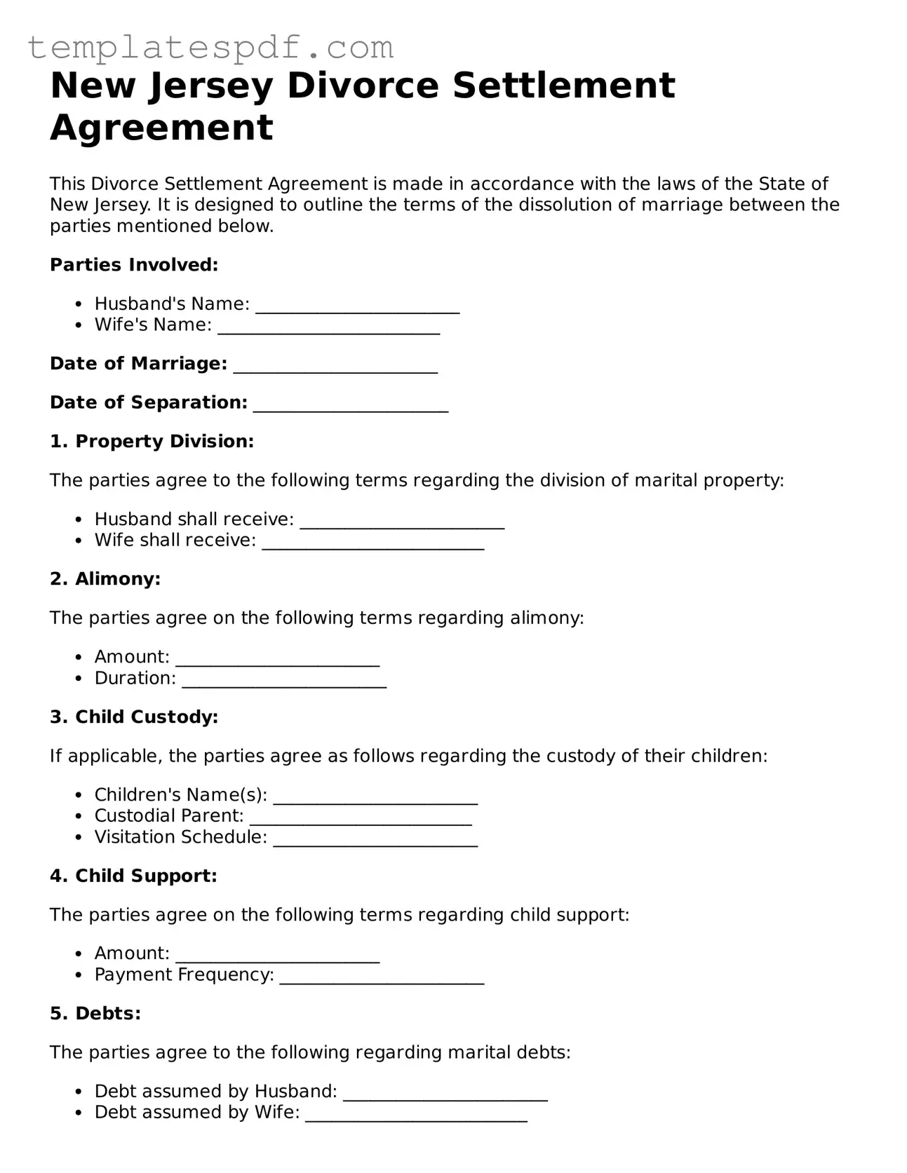 Official  Divorce Settlement Agreement Form for New Jersey
