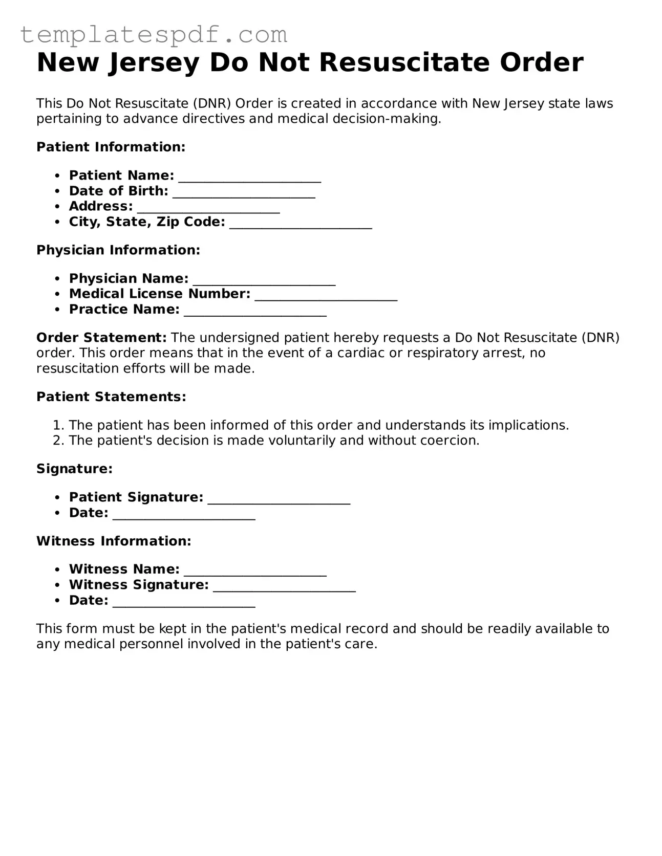 Official  Do Not Resuscitate Order Form for New Jersey