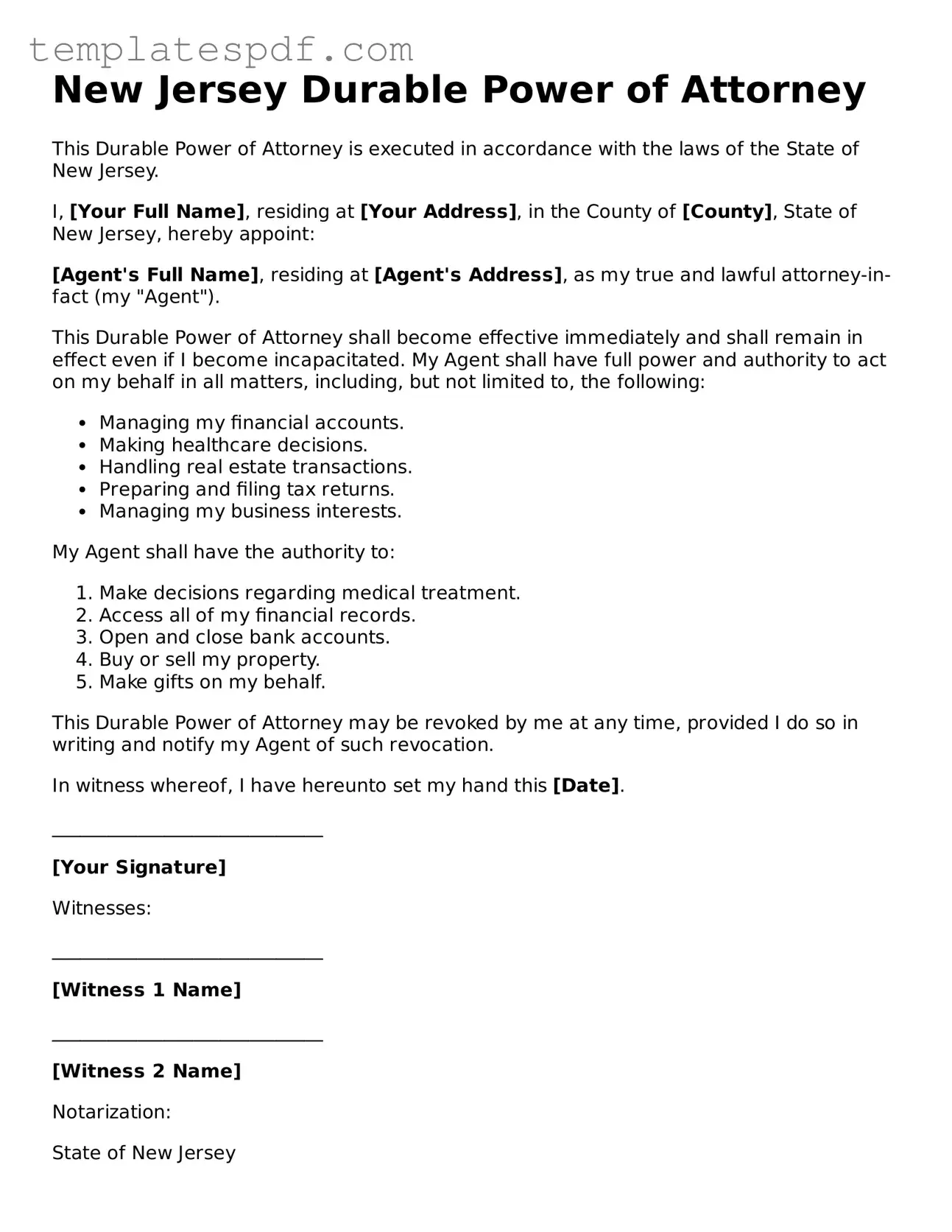 Official  Durable Power of Attorney Form for New Jersey