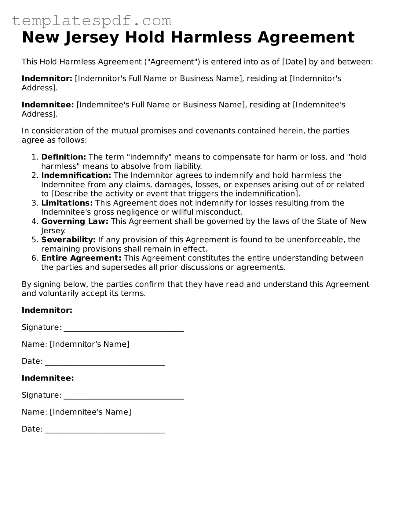 Official  Hold Harmless Agreement Form for New Jersey