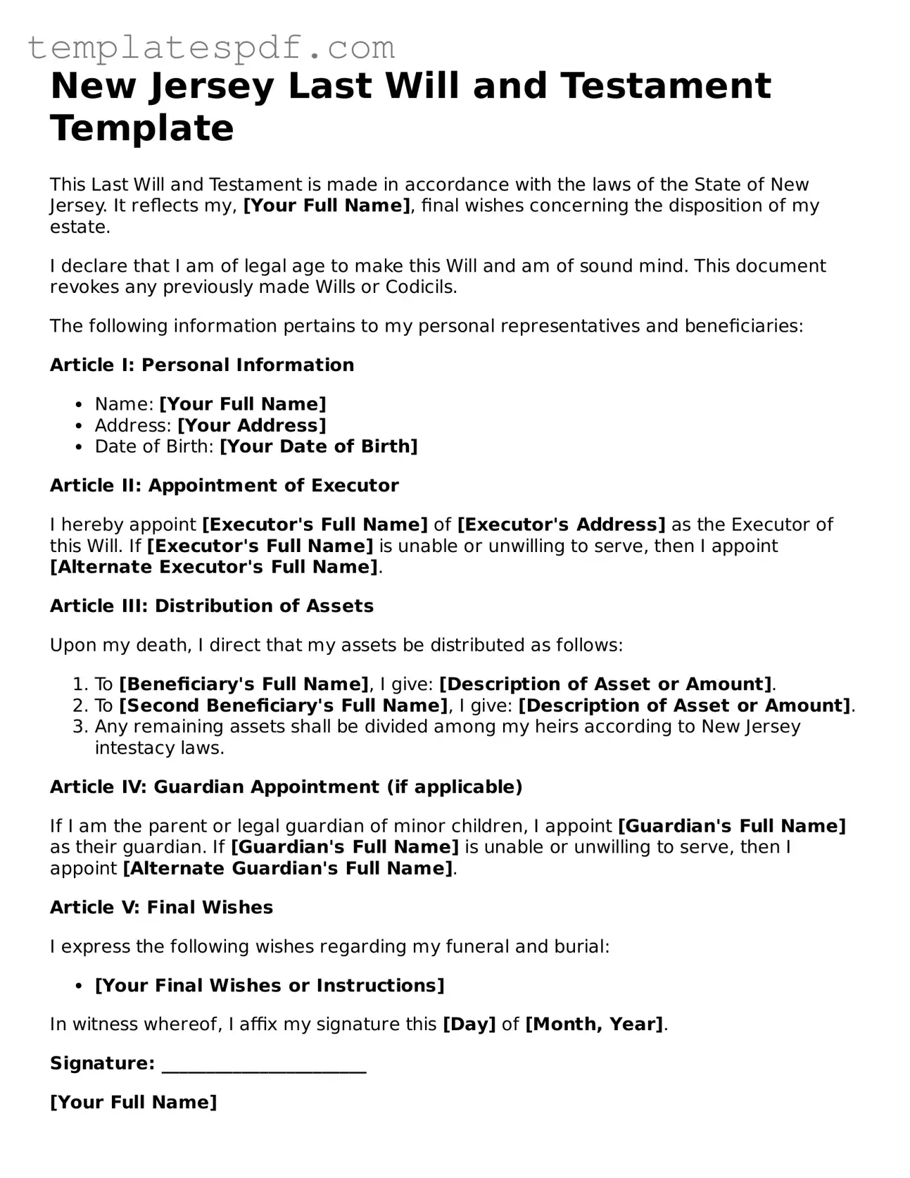Official  Last Will and Testament Form for New Jersey