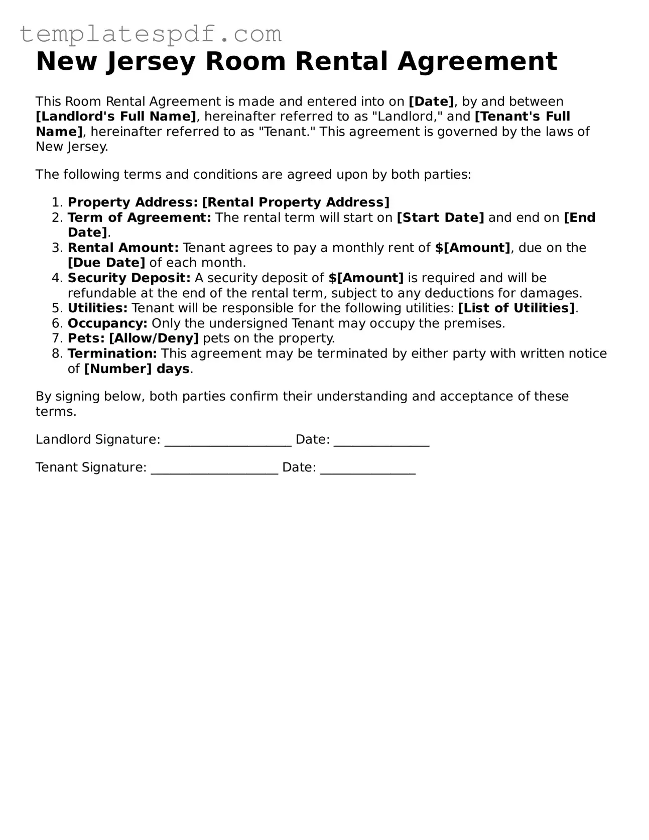Official  Room Rental Agreement Form for New Jersey