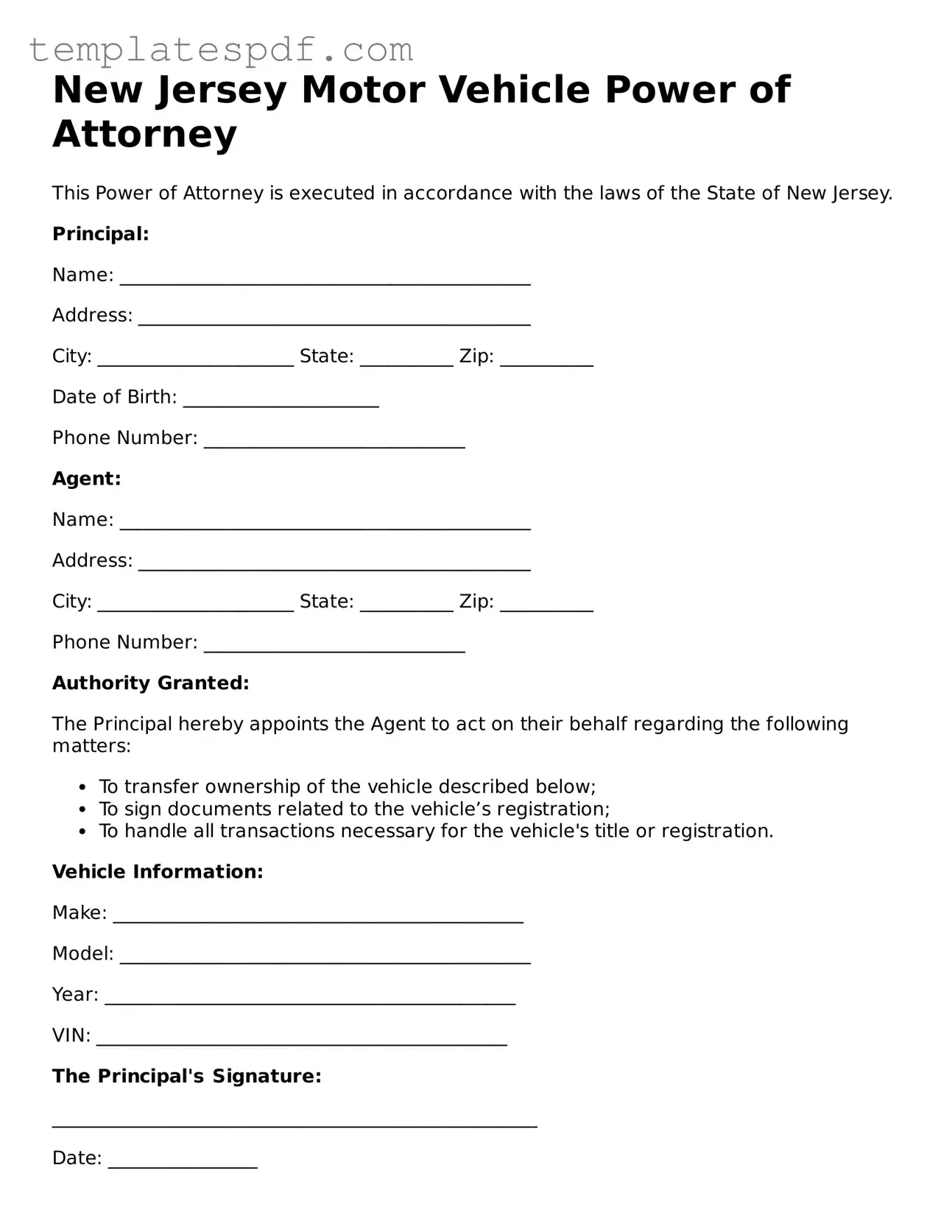 Official  Motor Vehicle Power of Attorney Form for New Jersey