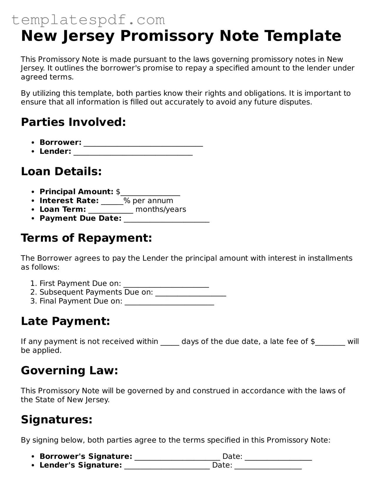 Official  Promissory Note Form for New Jersey