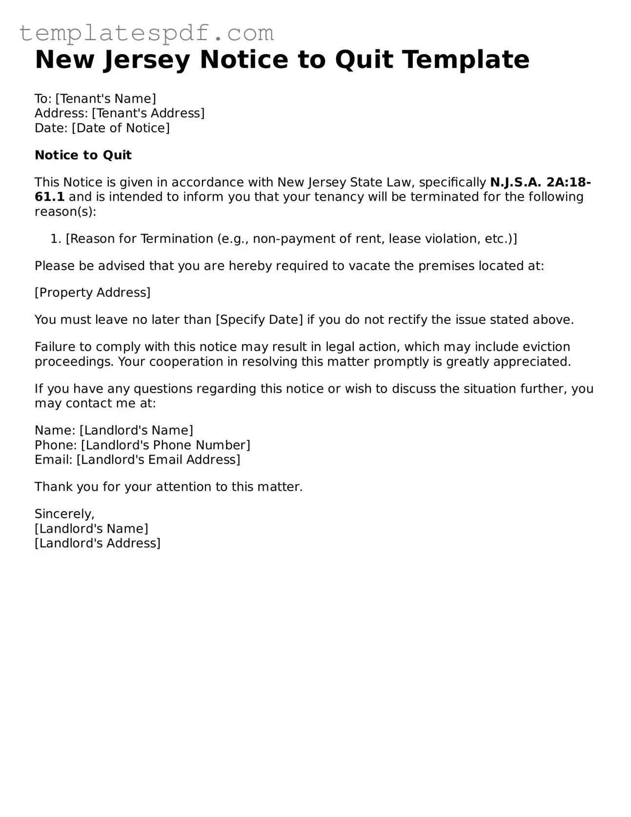 Official  Notice to Quit Form for New Jersey