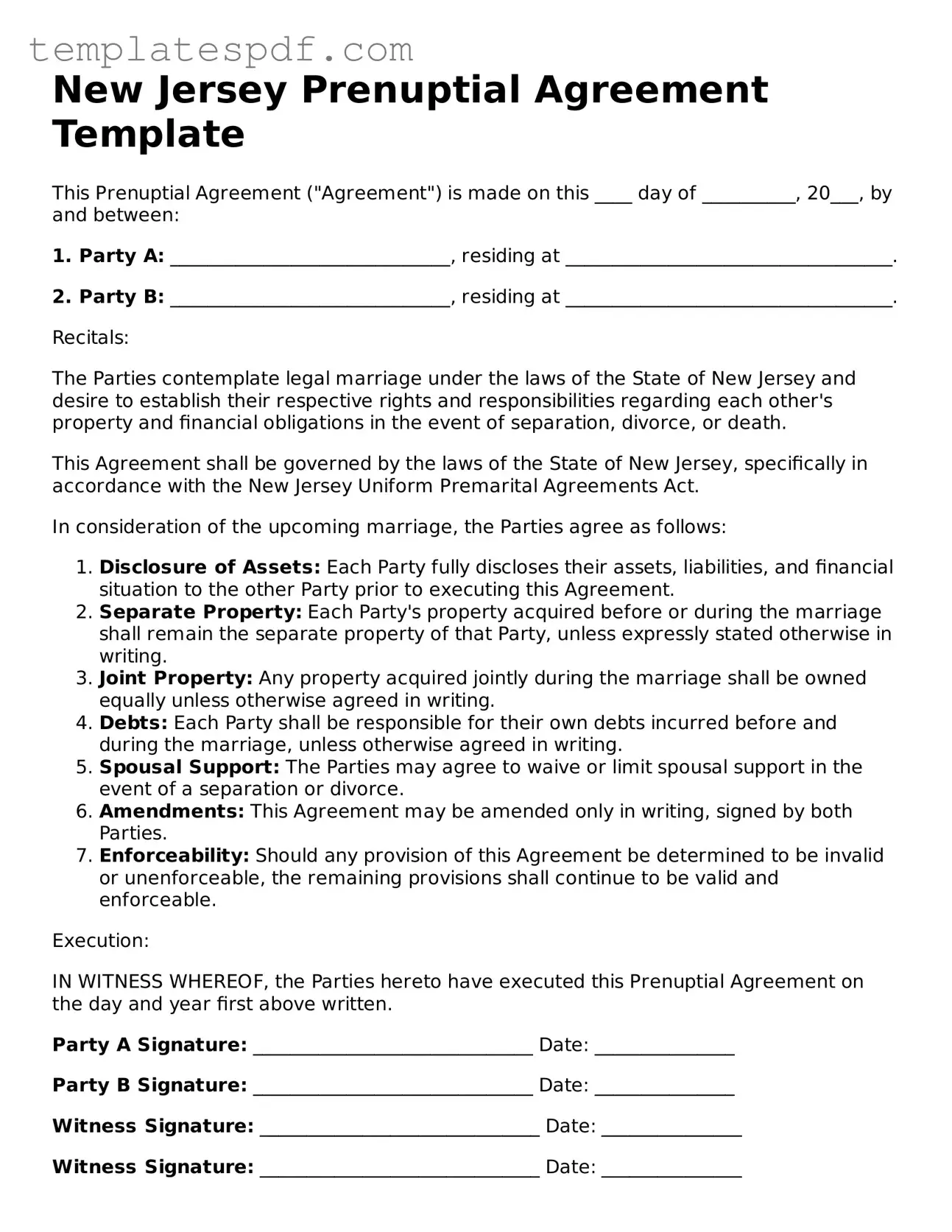 Official  Prenuptial Agreement Form for New Jersey