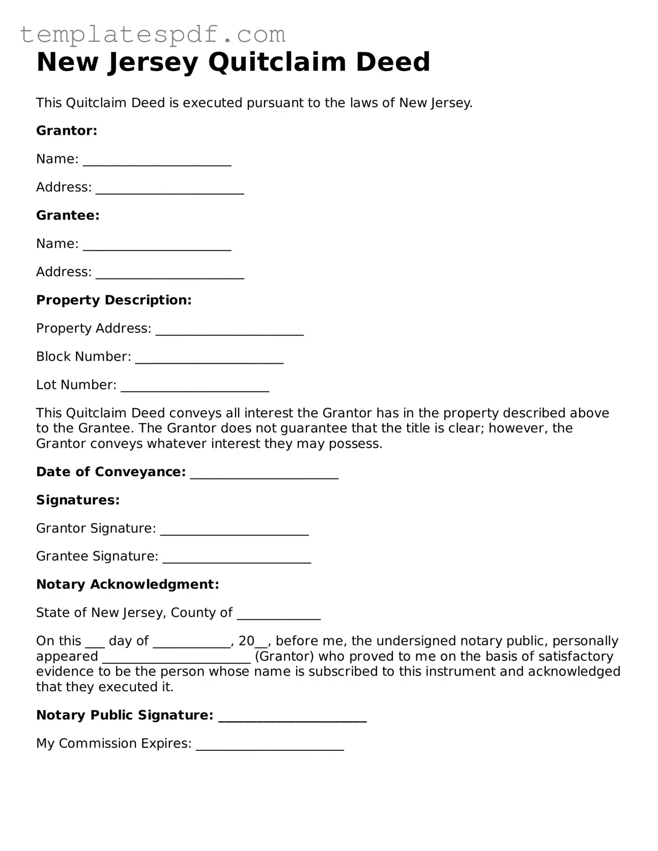 Official  Quitclaim Deed Form for New Jersey