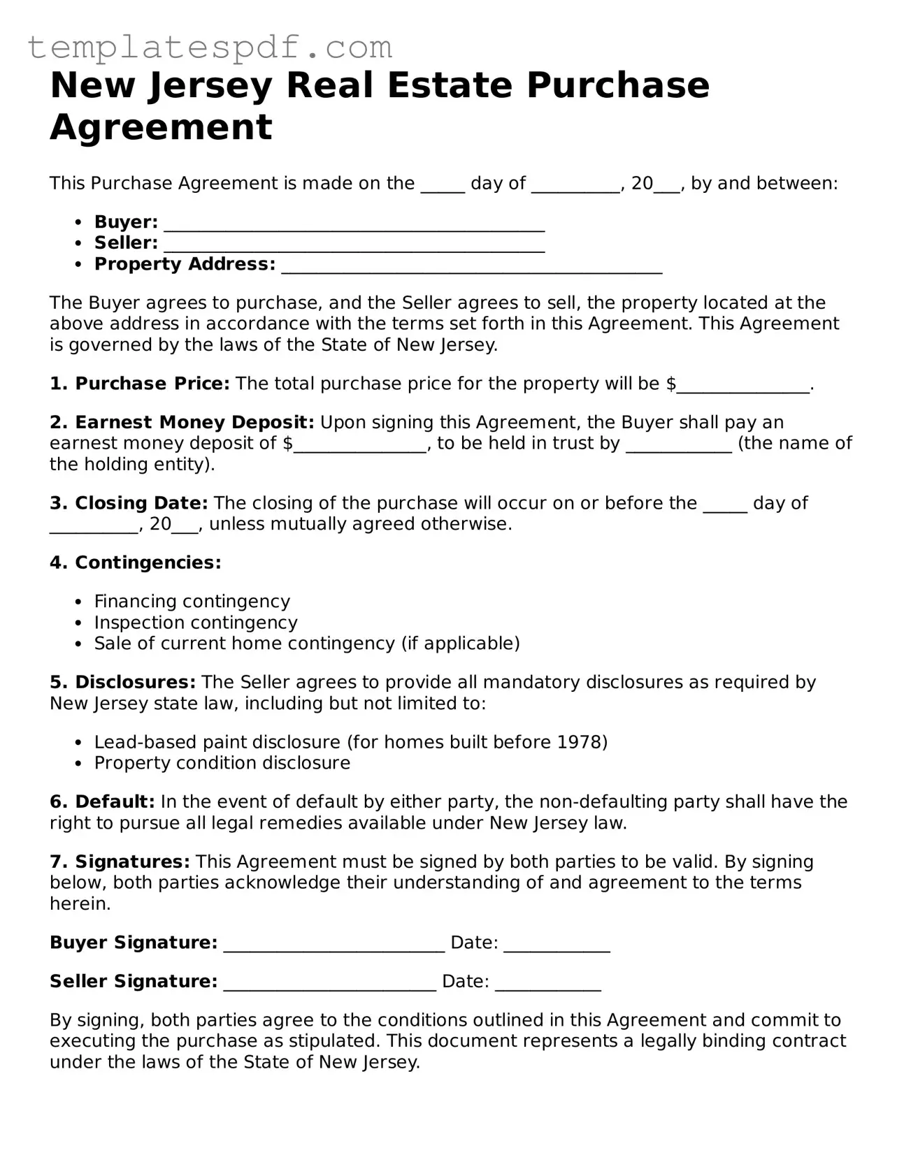 Official  Real Estate Purchase Agreement Form for New Jersey