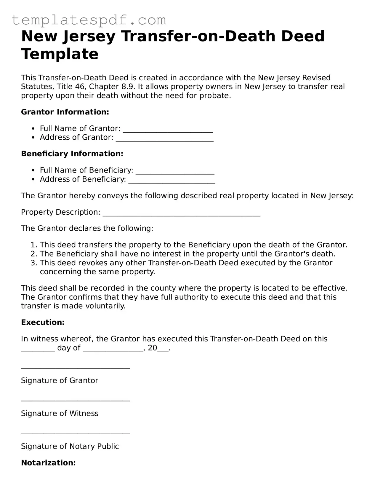 Official  Transfer-on-Death Deed Form for New Jersey