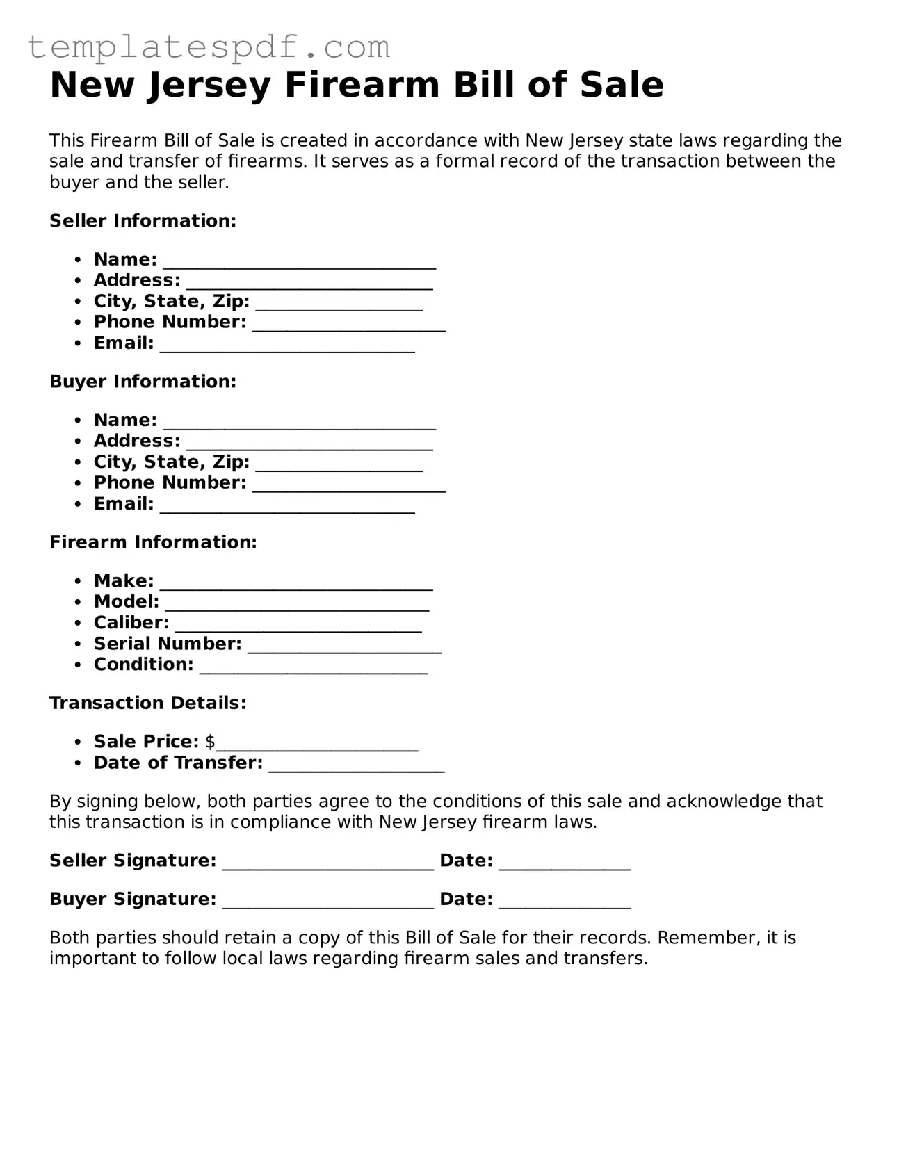 Official  Firearm Bill of Sale Form for New Jersey