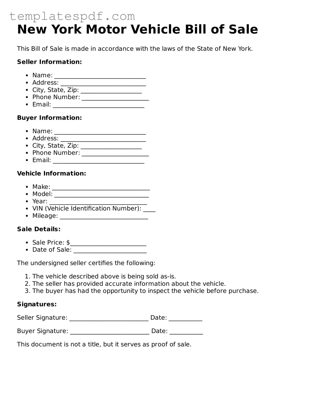 Official  Motor Vehicle Bill of Sale Form for New York