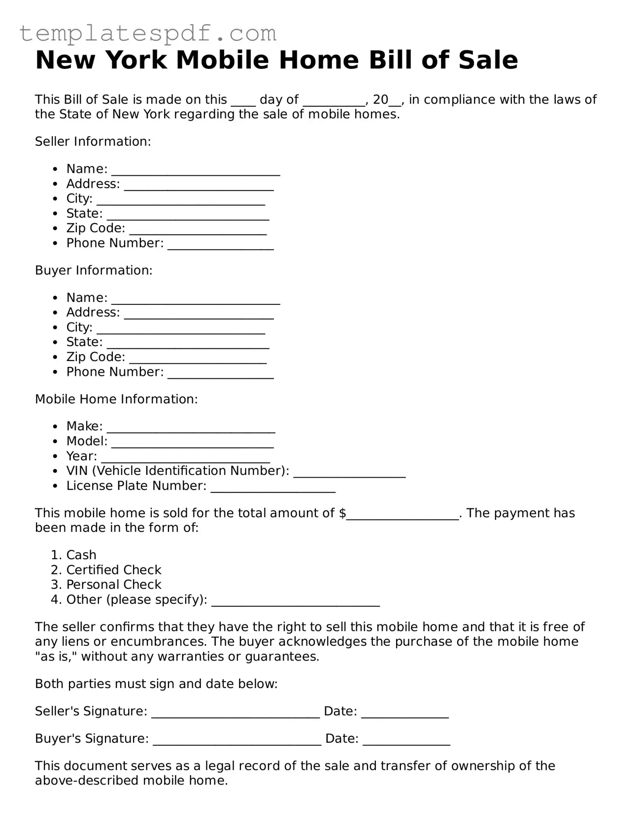 Official  Mobile Home Bill of Sale Form for New York