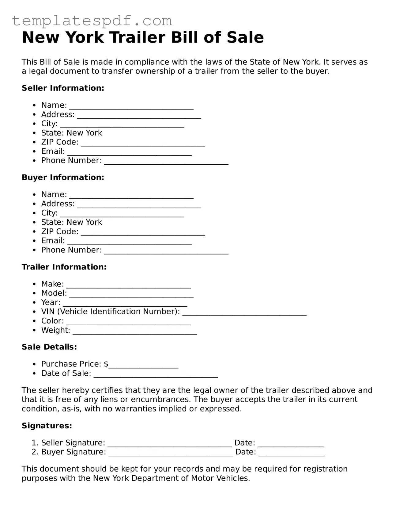 Official  Trailer Bill of Sale Form for New York