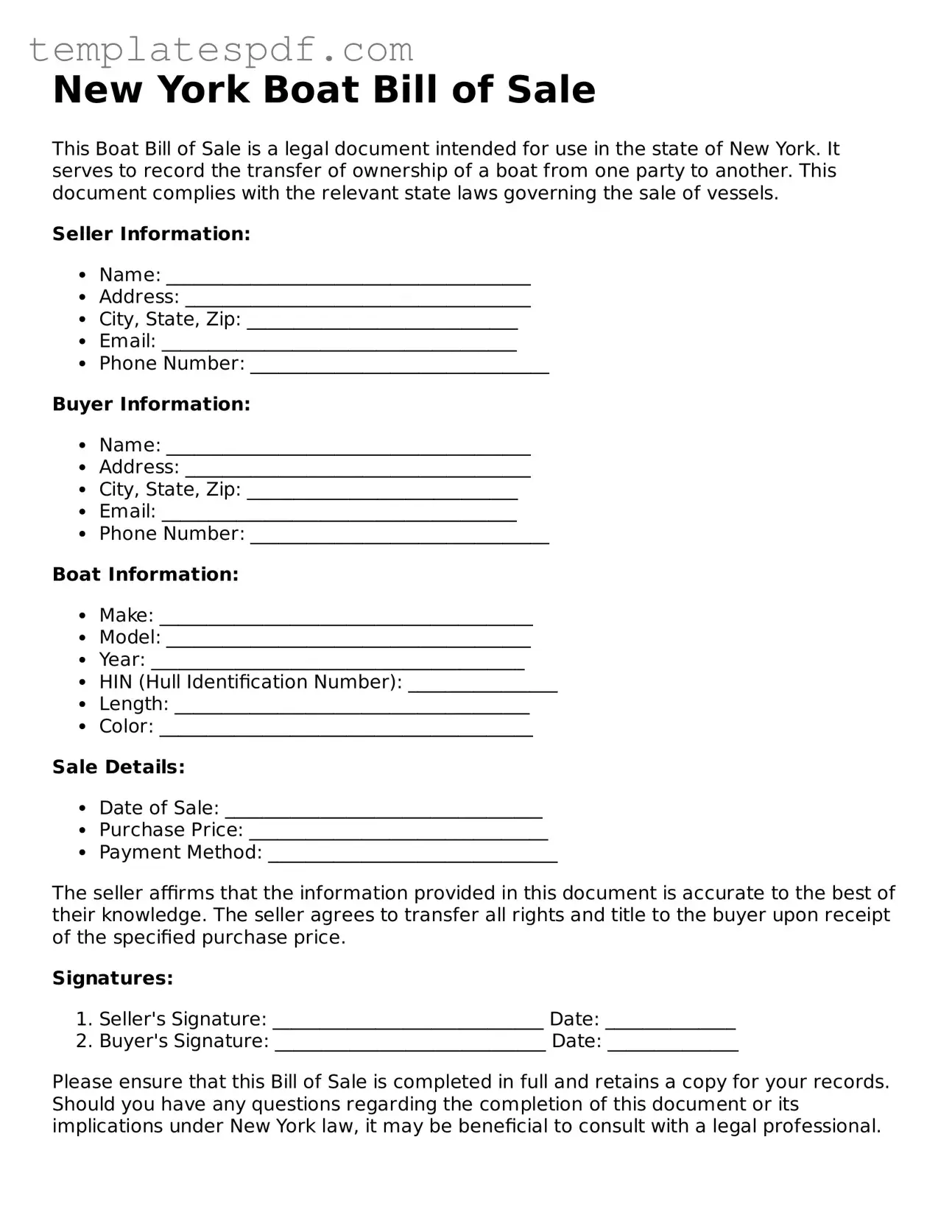Official  Boat Bill of Sale Form for New York
