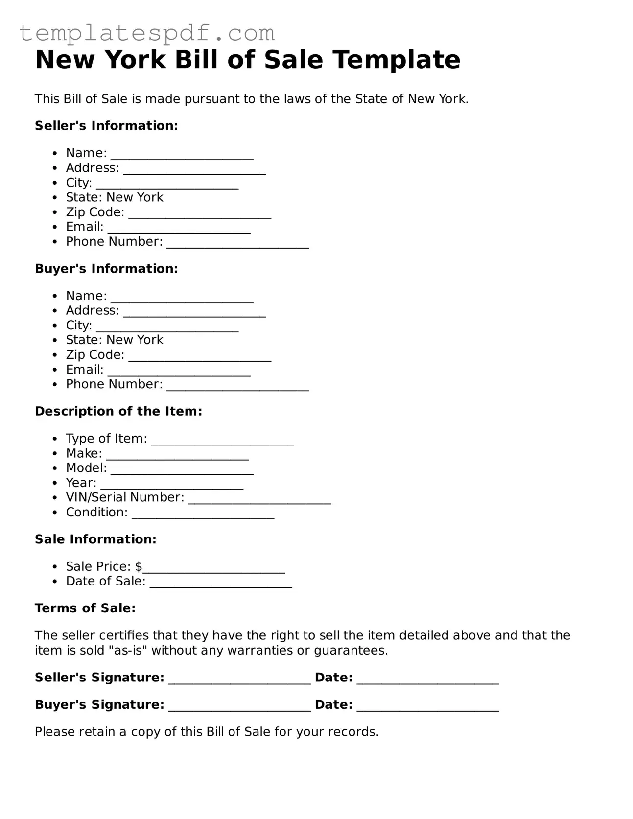 Official  Bill of Sale Form for New York