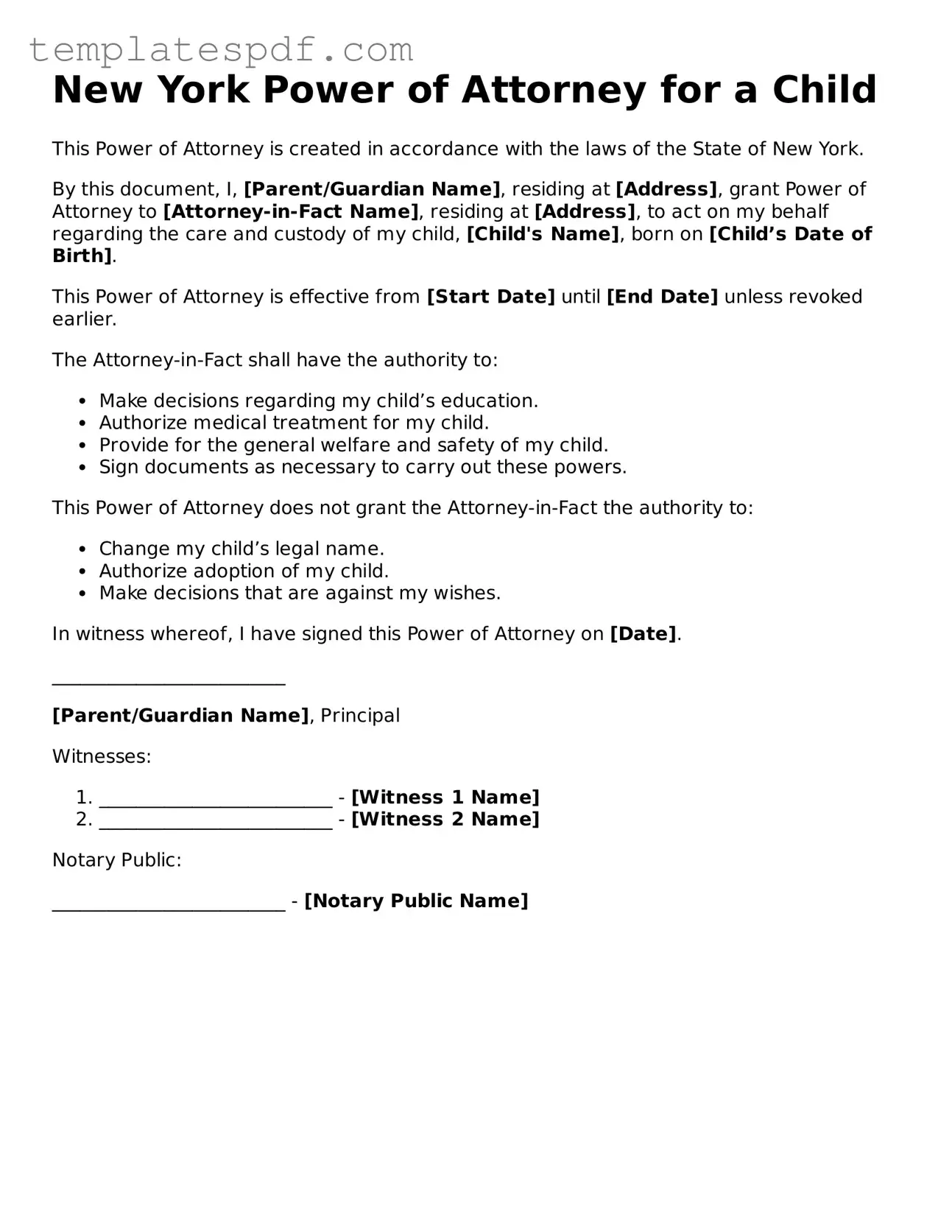 Official  Power of Attorney for a Child Form for New York