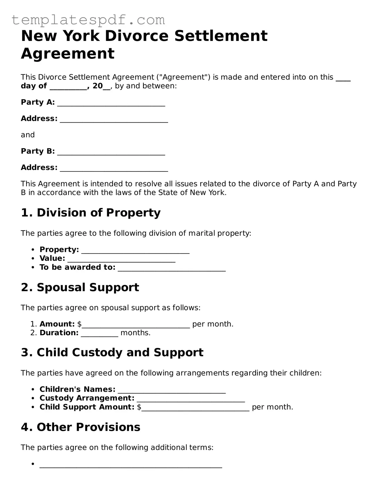 Official  Divorce Settlement Agreement Form for New York