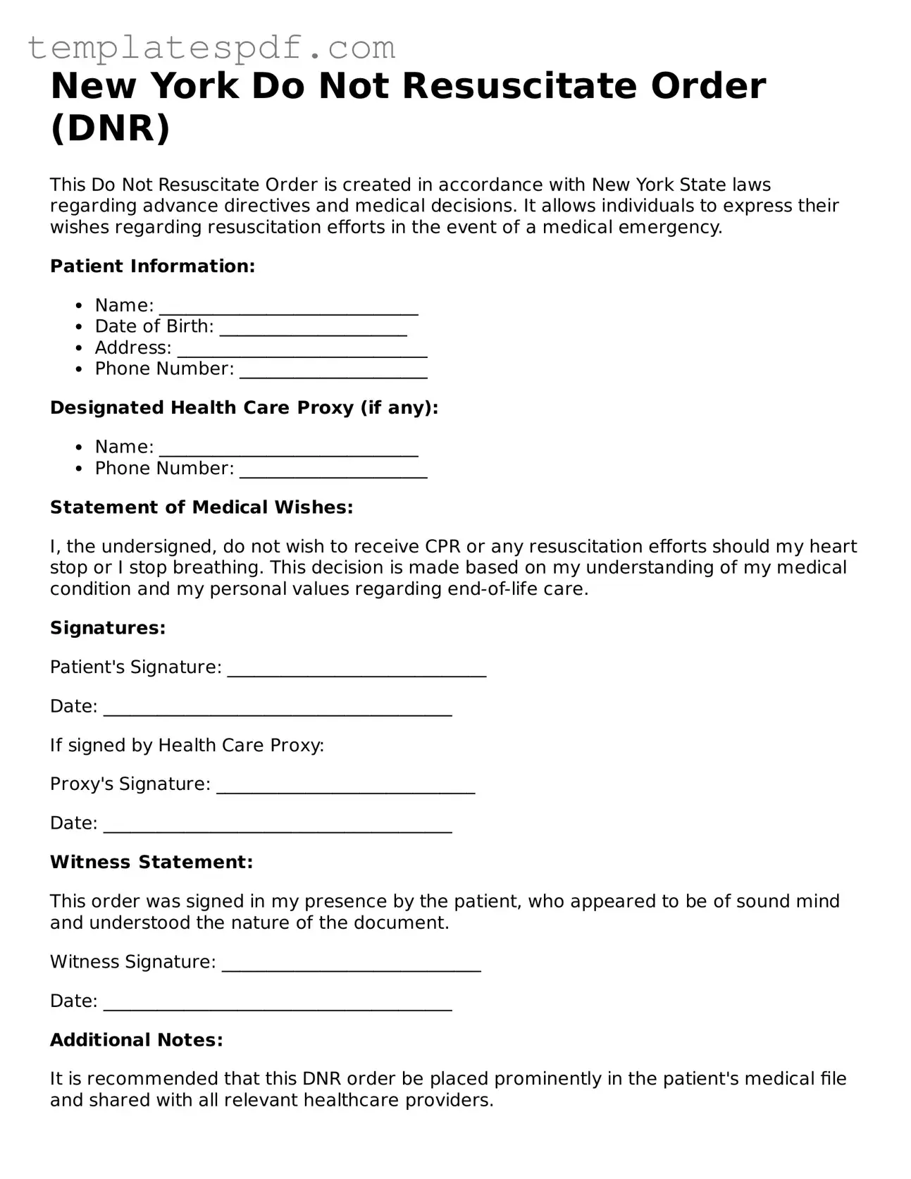 Official  Do Not Resuscitate Order Form for New York