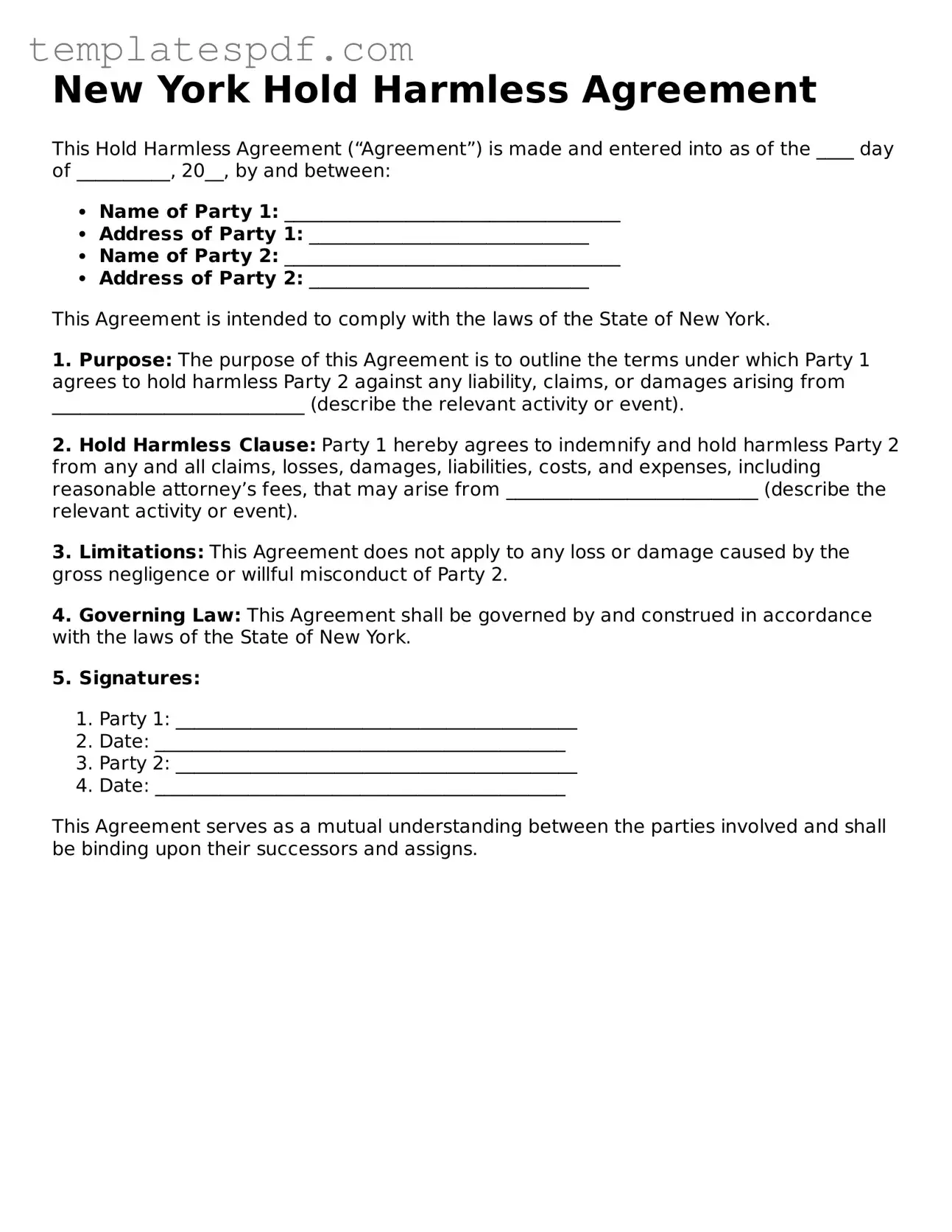 Official  Hold Harmless Agreement Form for New York