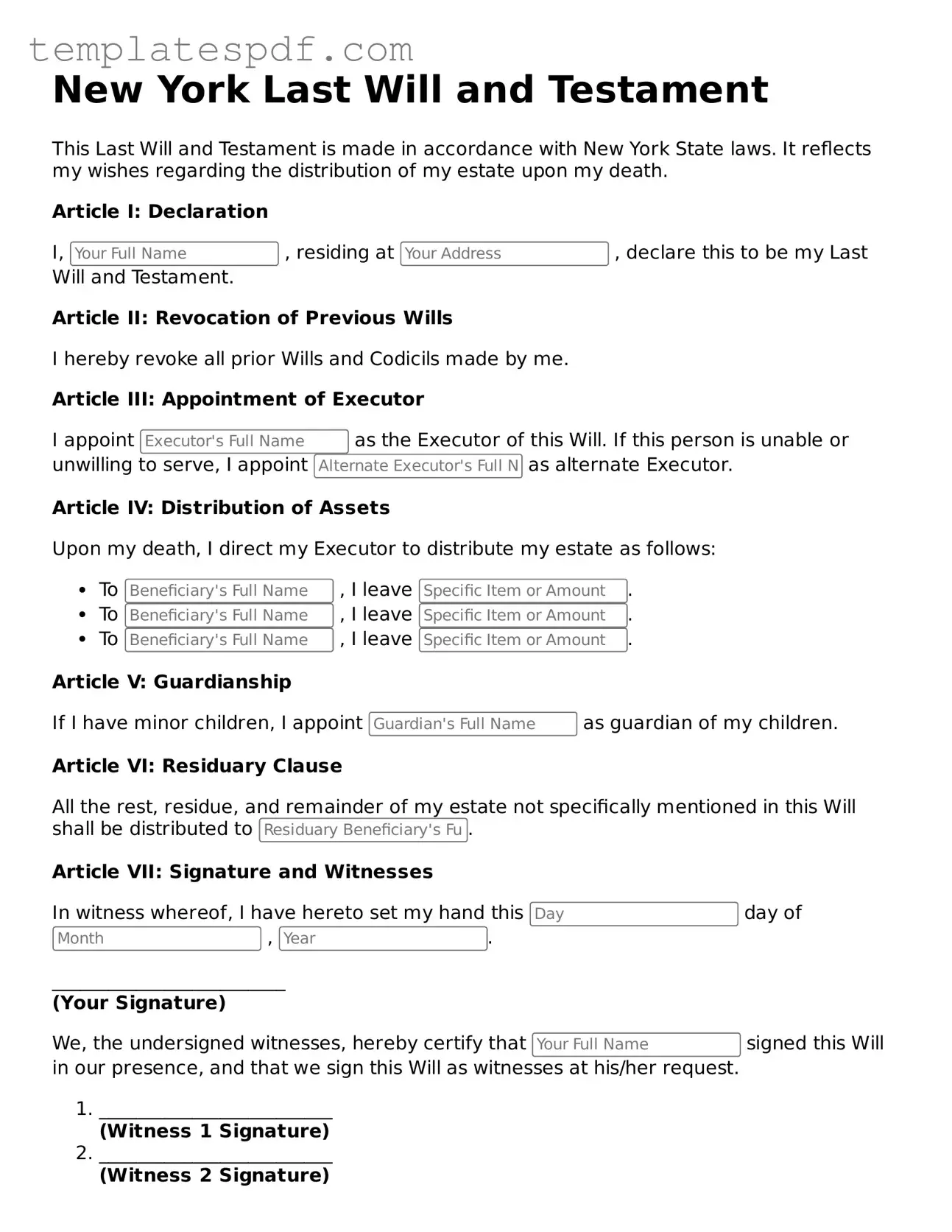 Official  Last Will and Testament Form for New York