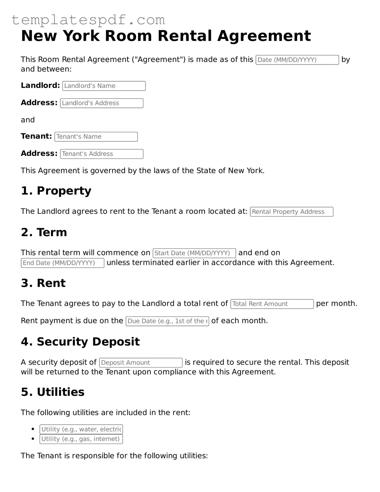 Official  Room Rental Agreement Form for New York