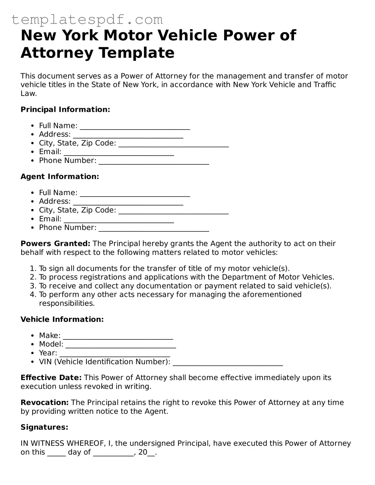 Official  Motor Vehicle Power of Attorney Form for New York