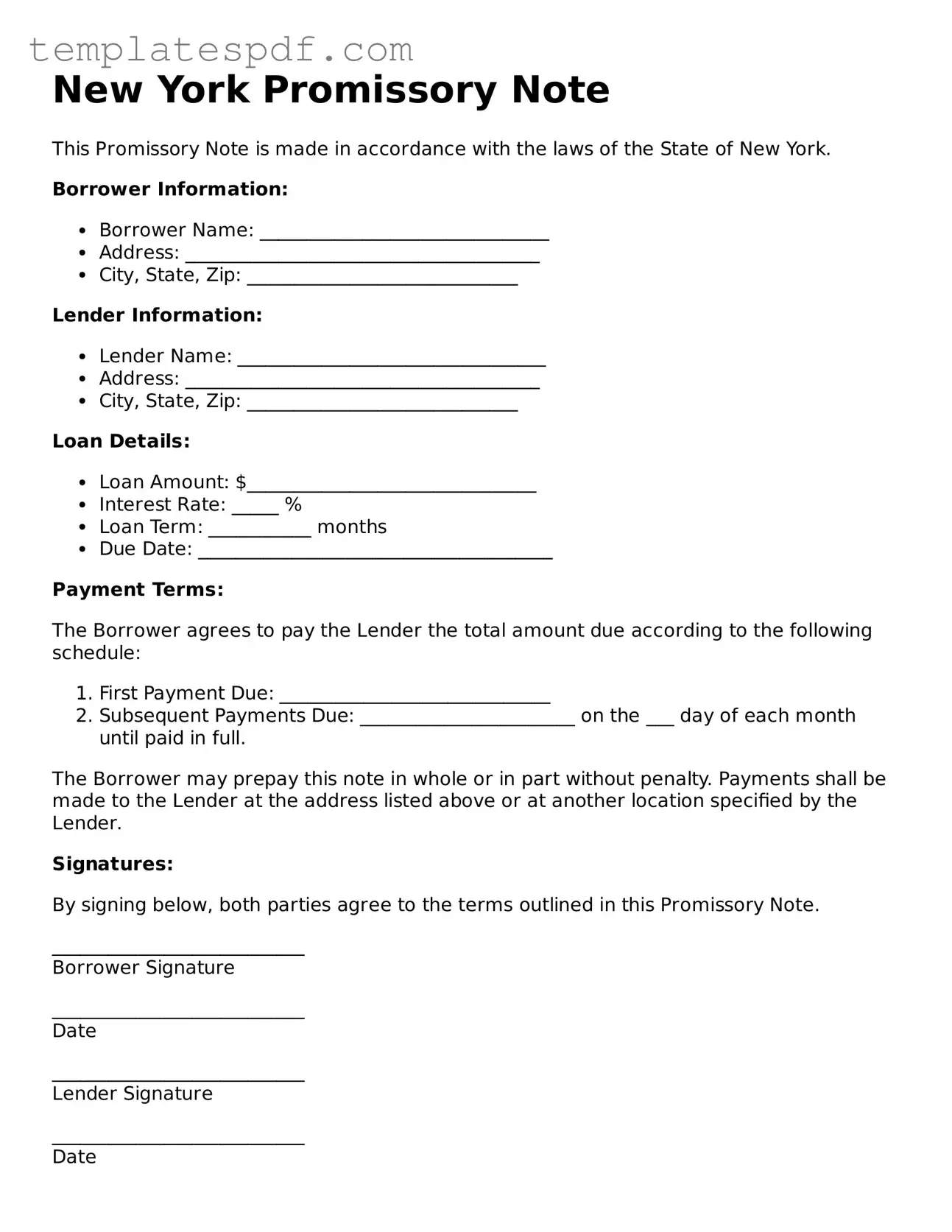 Official  Promissory Note Form for New York