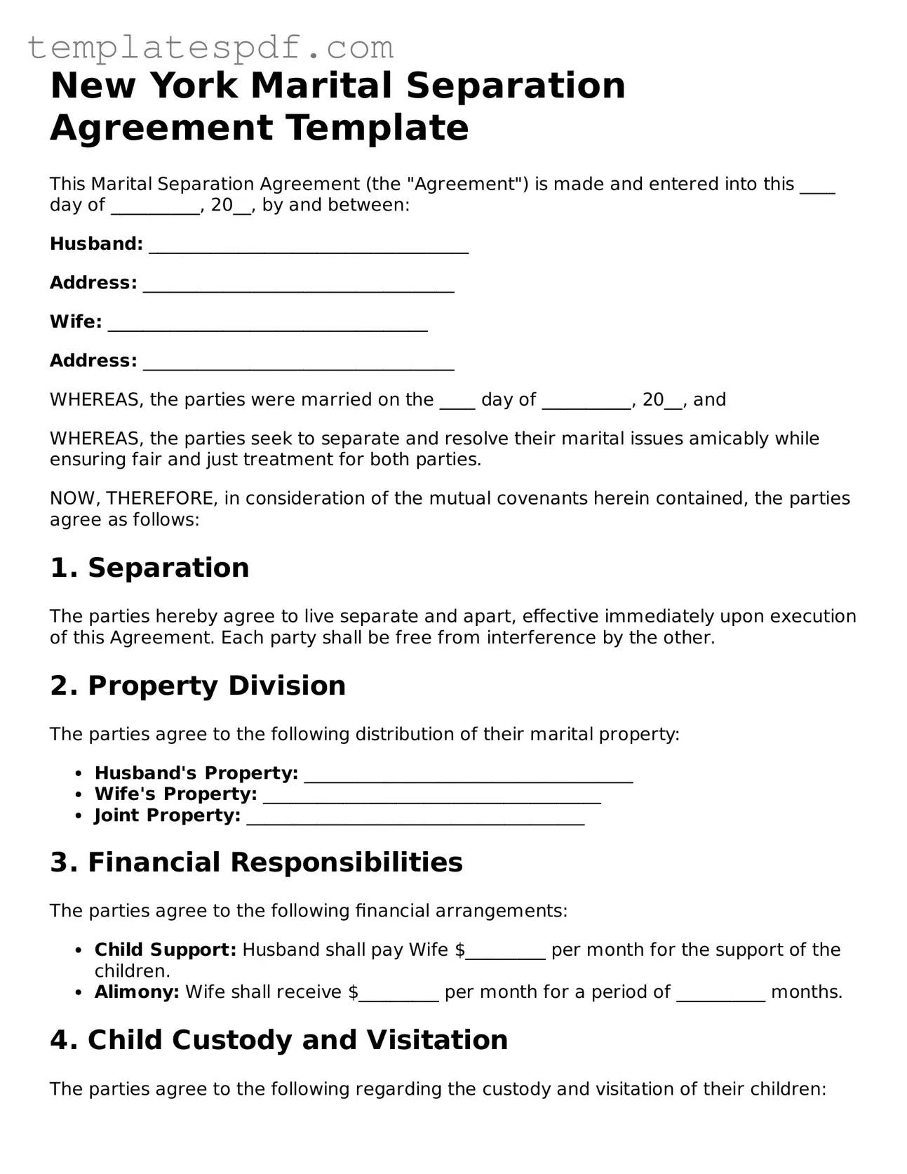 Official  Marital Separation Agreement Form for New York