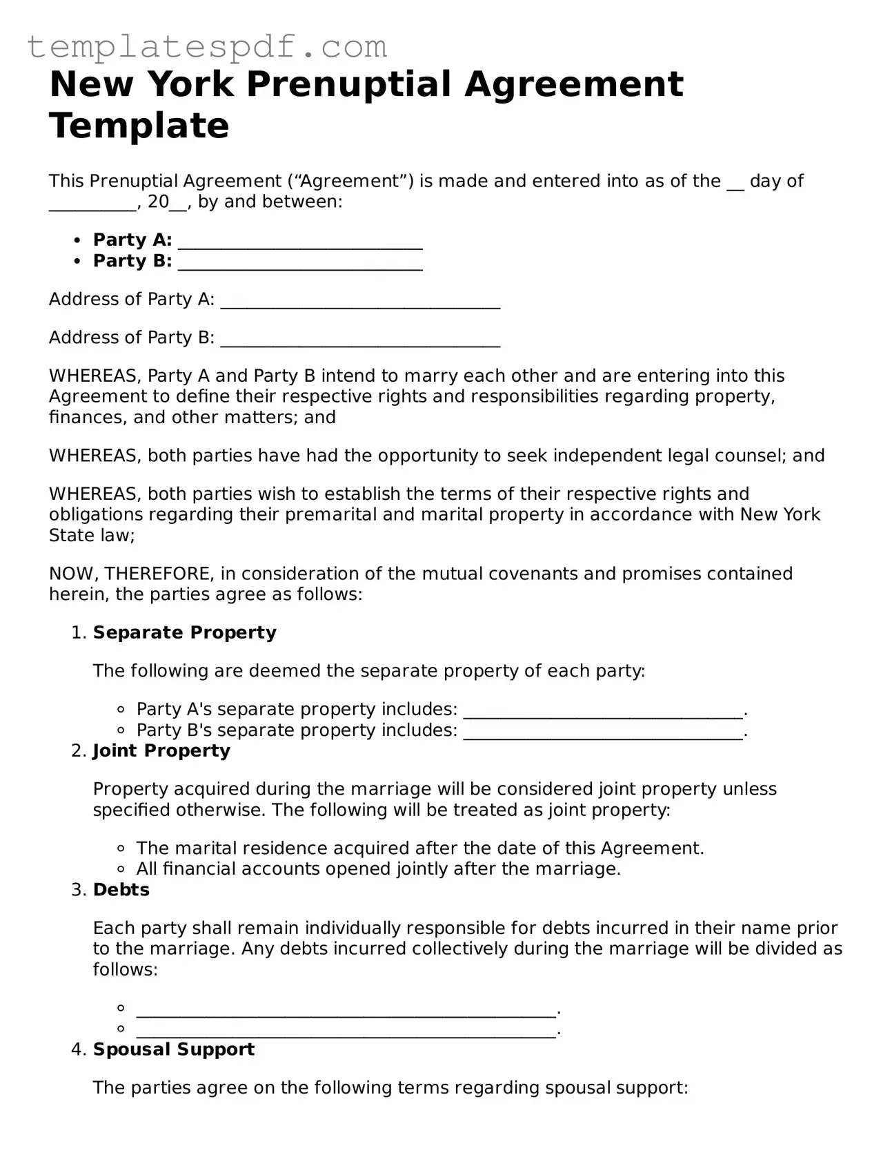 Official  Prenuptial Agreement Form for New York