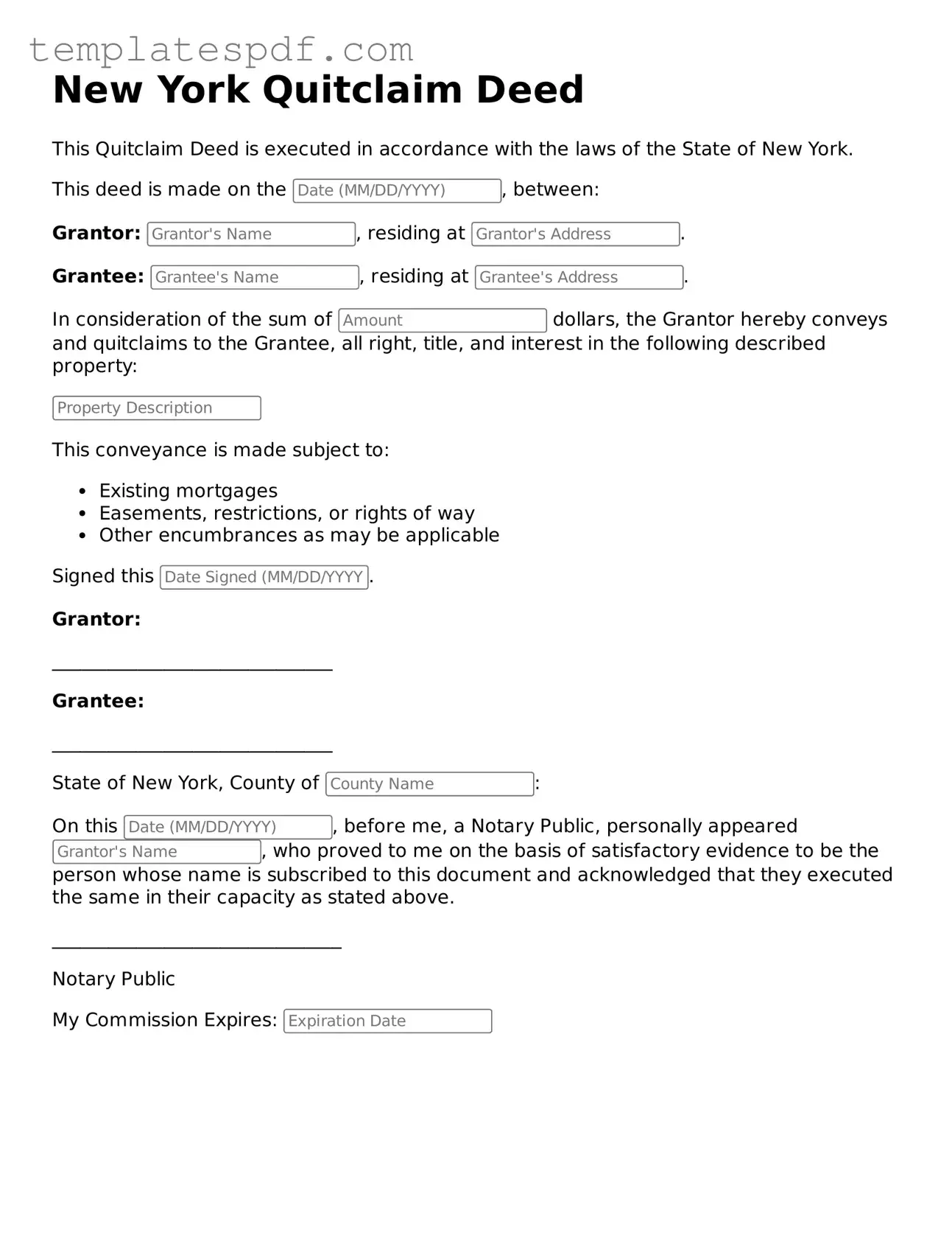 Official  Quitclaim Deed Form for New York