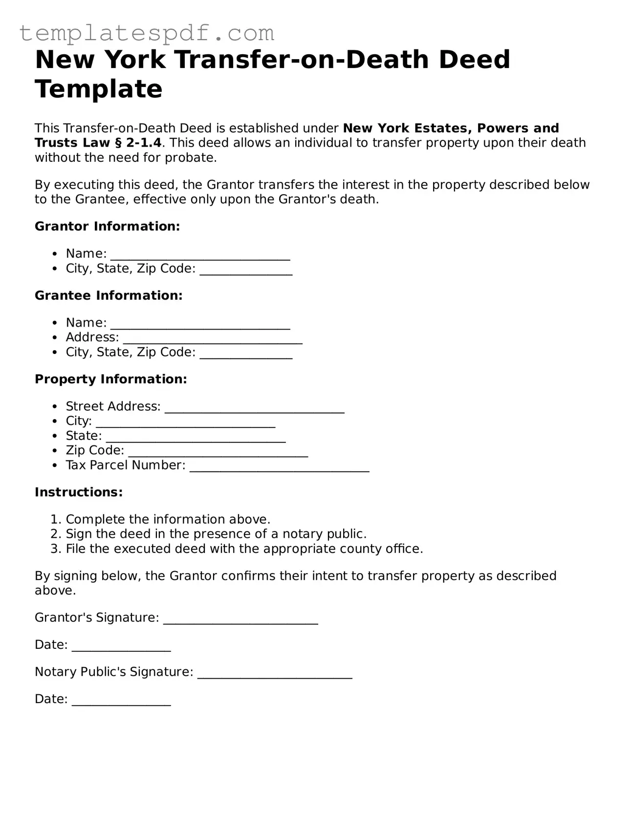 Official  Transfer-on-Death Deed Form for New York