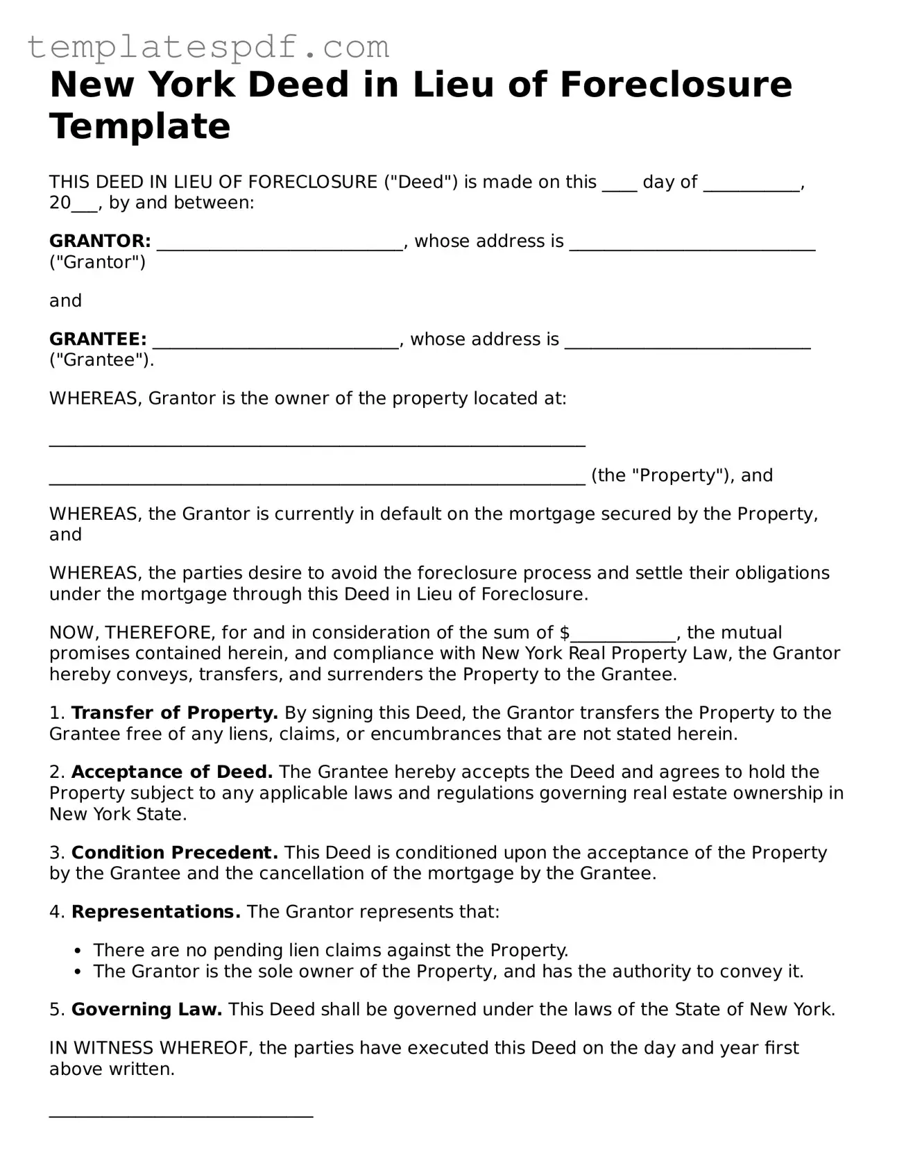 Official  Deed in Lieu of Foreclosure Form for New York